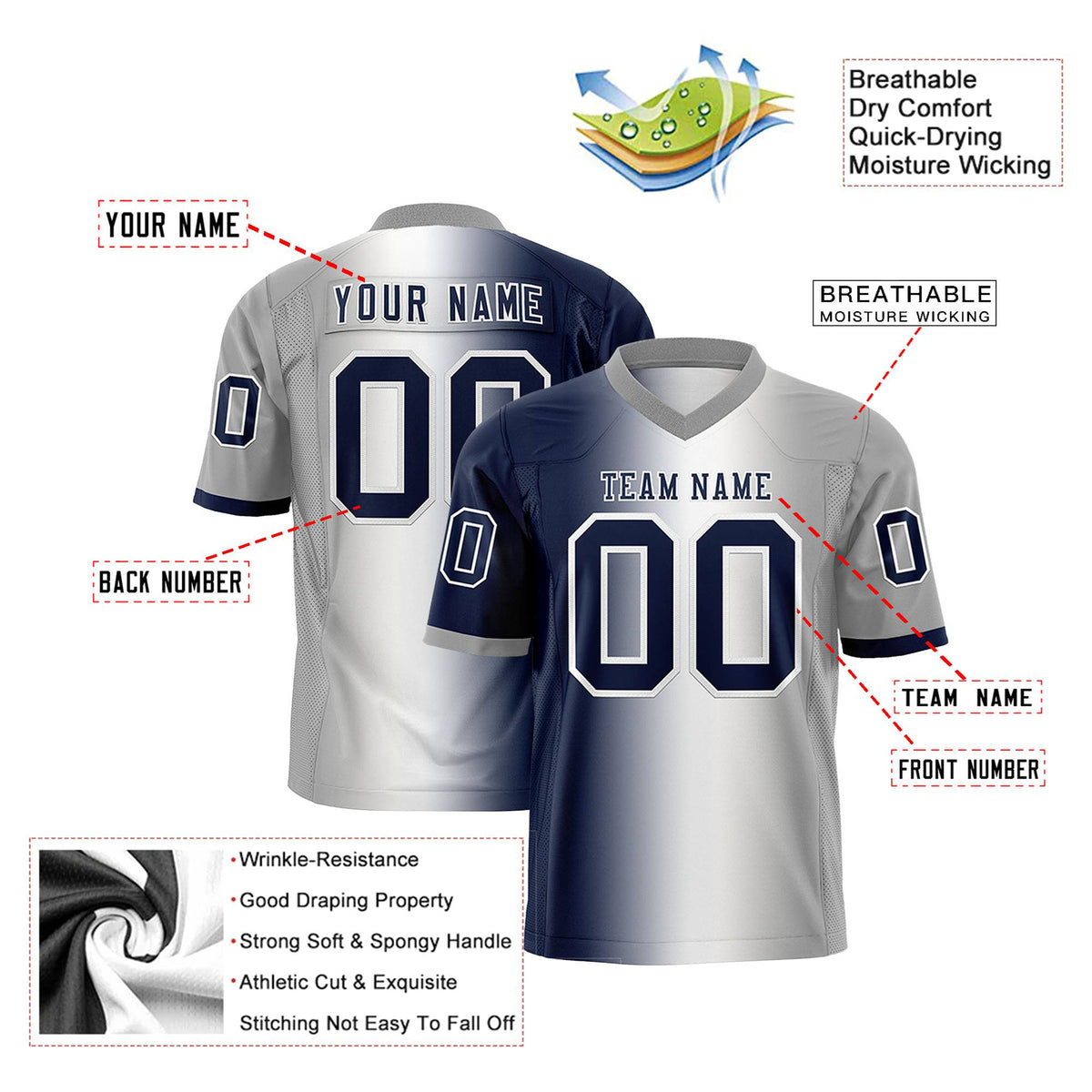 Custom Navy White-Gray Personalized Gradient Fashion Authentic Football Jersey