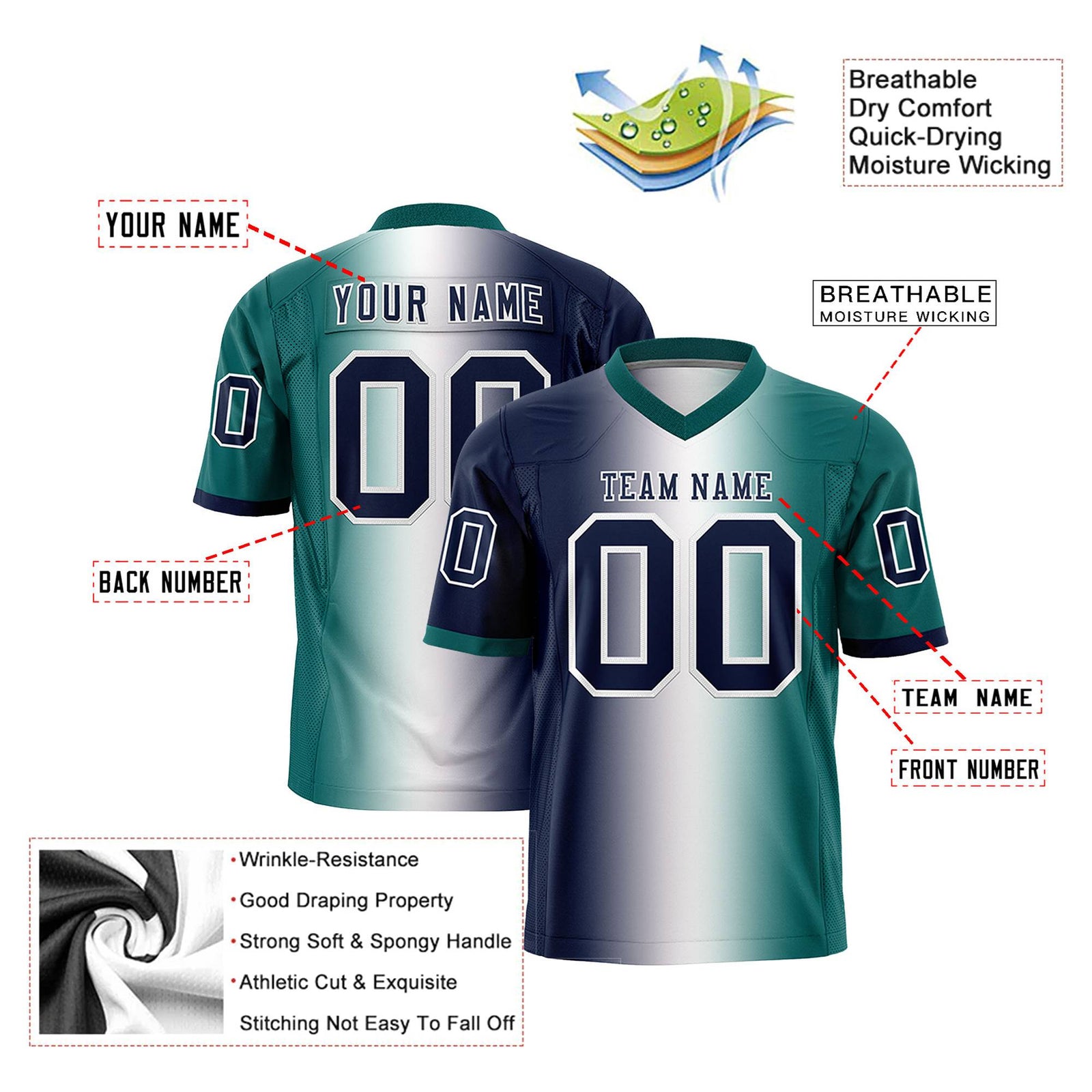 Custom Navy White-Aqua Personalized Gradient Fashion Authentic Football Jersey