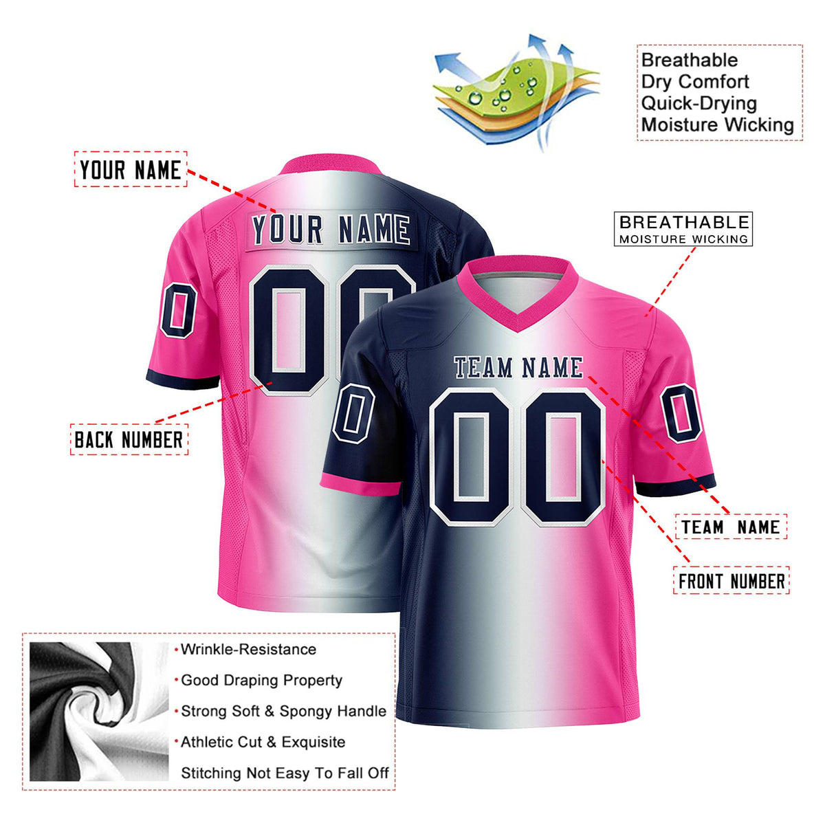 Custom Navy White-Pink Personalized Gradient Fashion Authentic Football Jersey