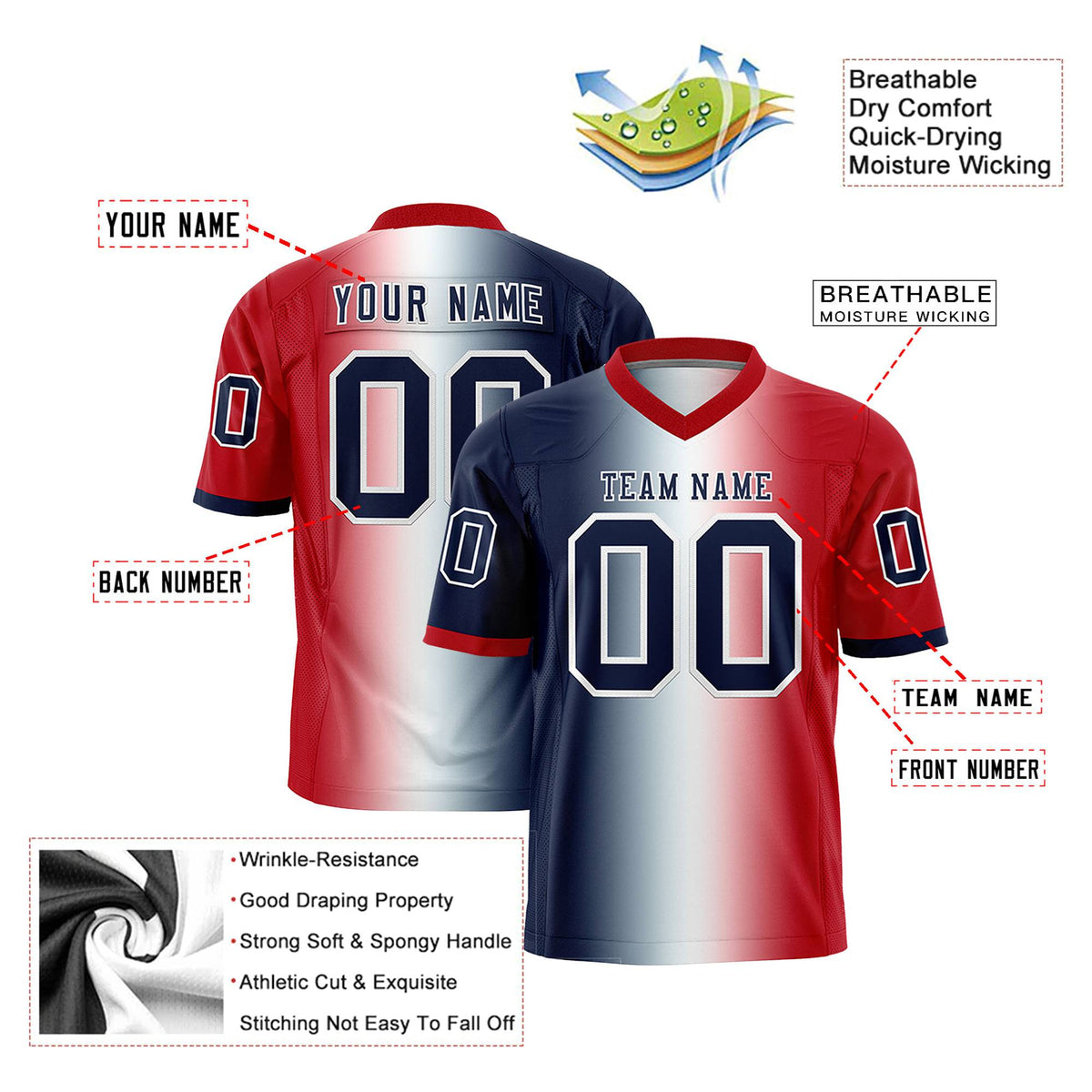 Custom Navy White-Red Personalized Gradient Fashion Authentic Football Jersey