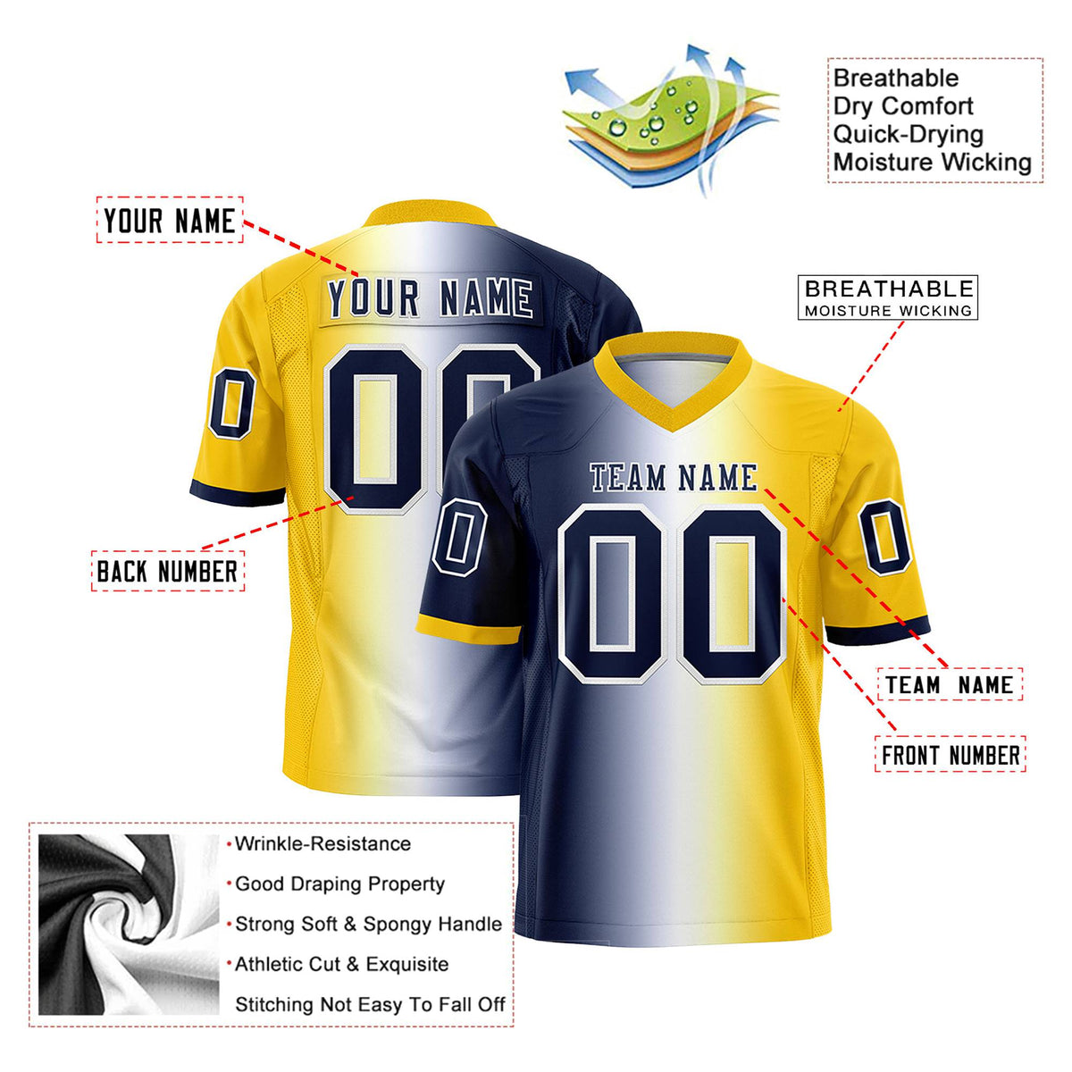 Custom Navy White-Gold Personalized Gradient Fashion Authentic Football Jersey