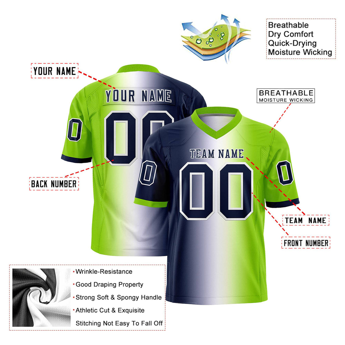 Custom Navy White-Neon Green Personalized Gradient Fashion Authentic Football Jersey