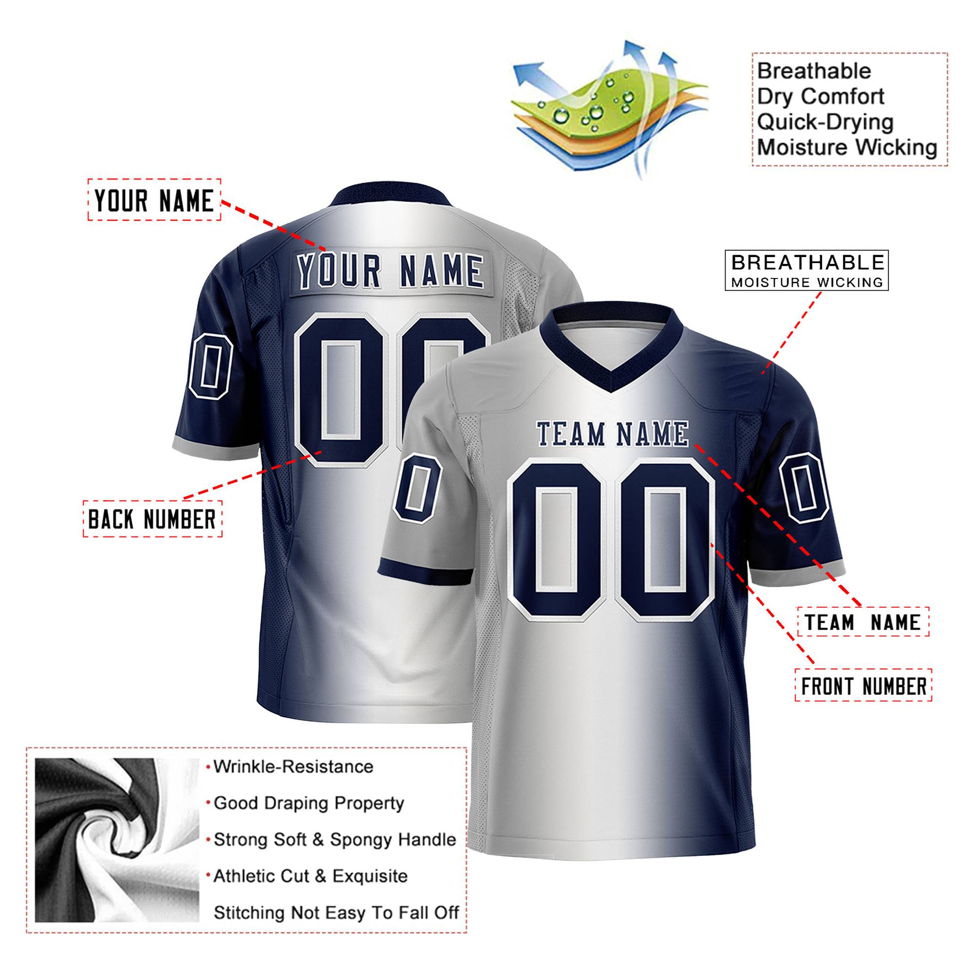 Custom Gray White-Navy Personalized Gradient Fashion Authentic Football Jersey