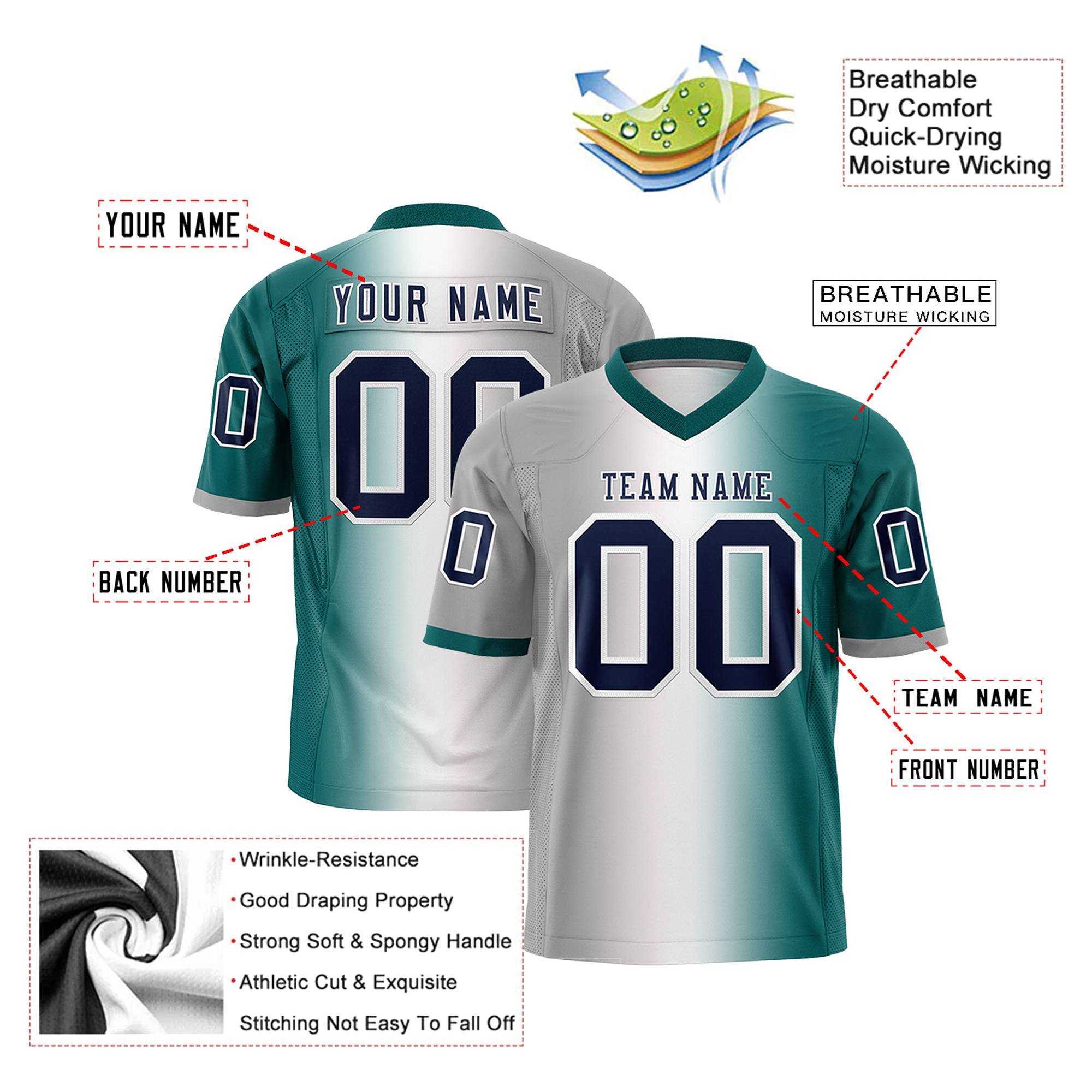 Custom Gray White-Teal Personalized Gradient Fashion Authentic Football Jersey