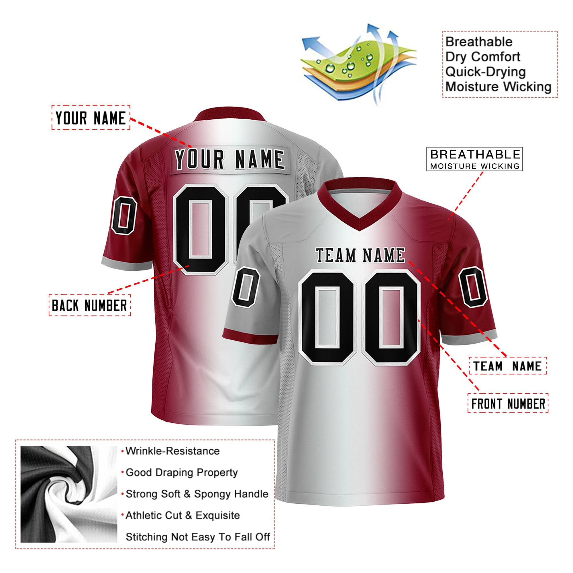 Custom Gray White-Crimson Personalized Gradient Fashion Authentic Football Jersey