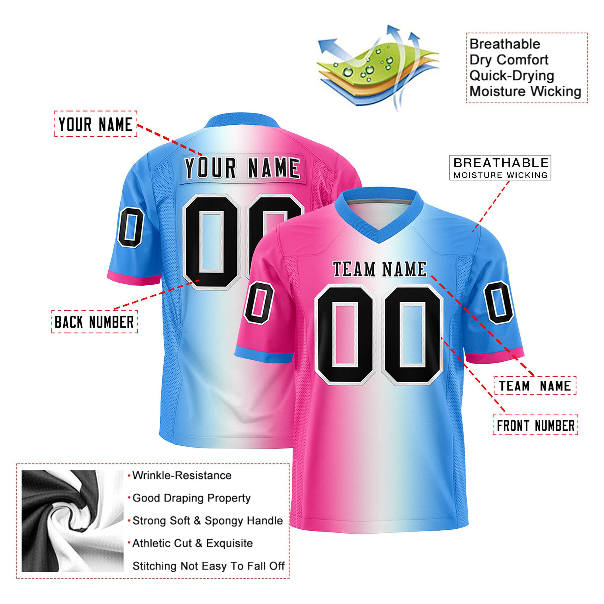 Custom Pink White-Powder Blue Personalized Gradient Fashion Authentic Football Jersey