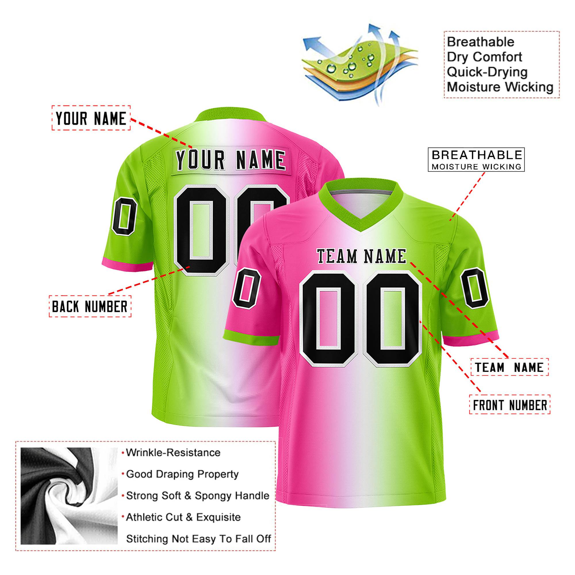 Custom Pink White-Neon Green Personalized Gradient Fashion Authentic Football Jersey