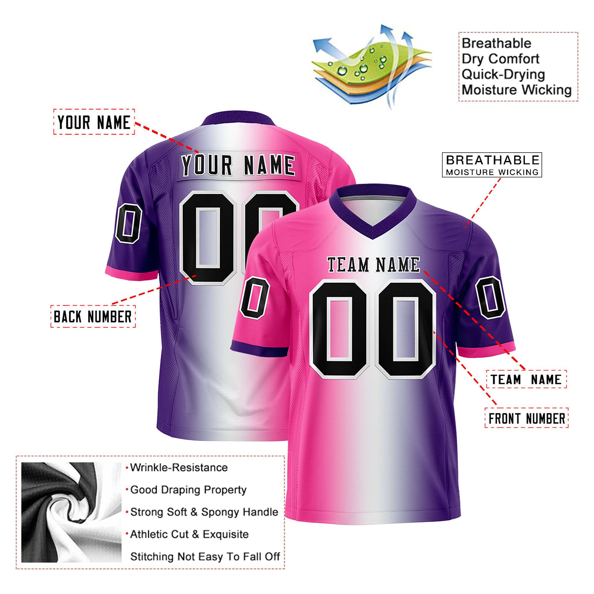 Custom Pink White-Purple Personalized Gradient Fashion Authentic Football Jersey