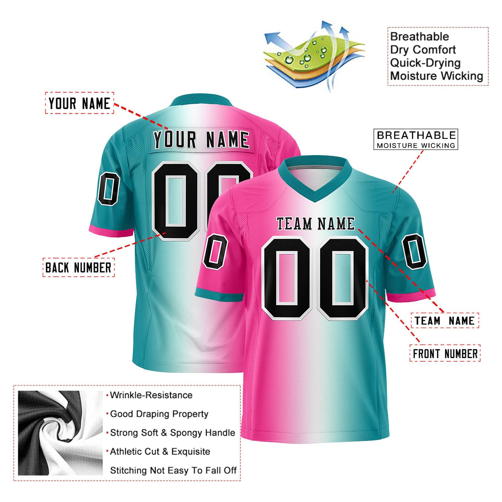 Custom Pink White-Aqua Personalized Gradient Fashion Authentic Football Jersey