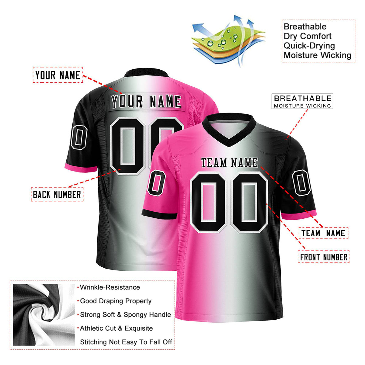Custom Pink White-Black Personalized Gradient Fashion Authentic Football Jersey