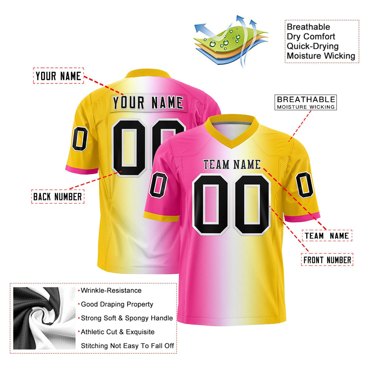 Custom Pink White-Gold Personalized Gradient Fashion Authentic Football Jersey