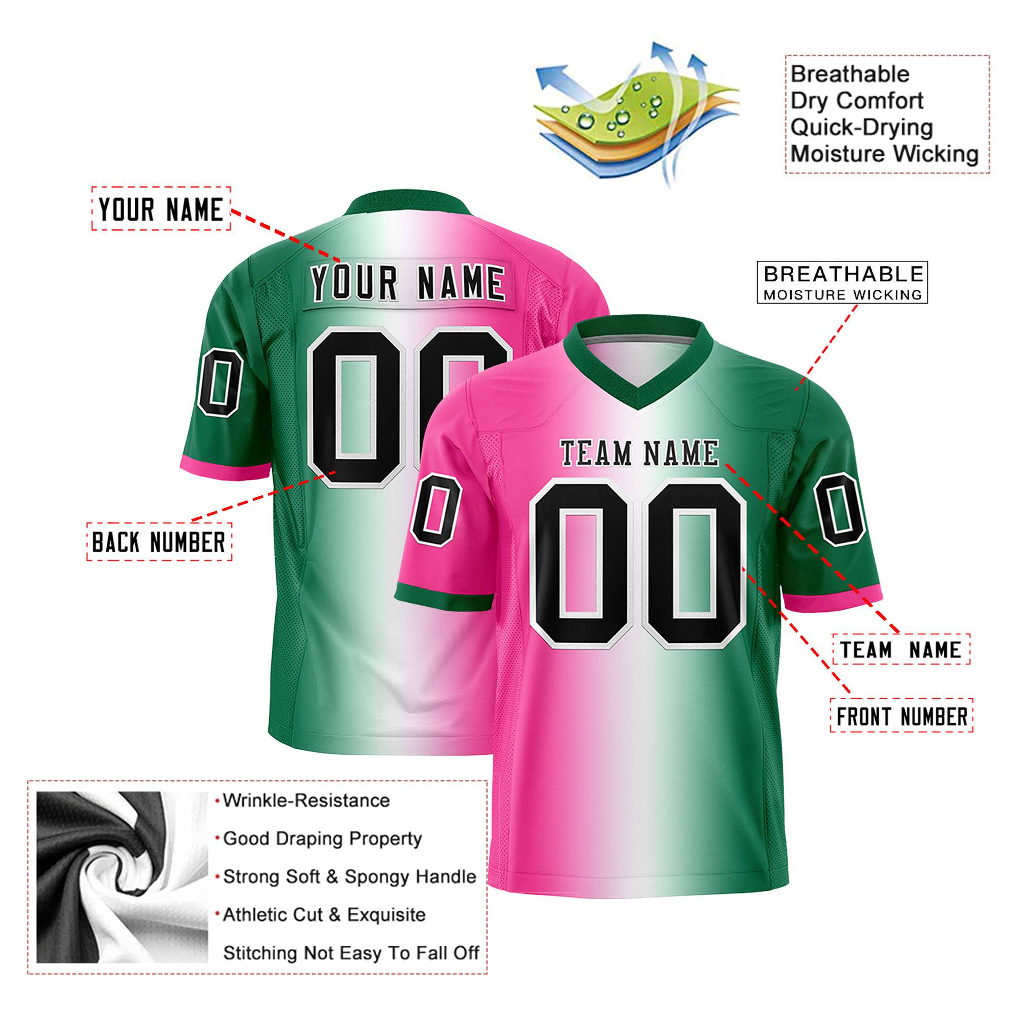 Custom Pink White-Green Personalized Gradient Fashion Authentic Football Jersey