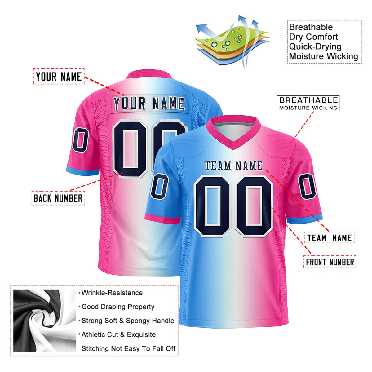 Custom Powder Blue White-Pink Personalized Gradient Fashion Authentic Football Jersey
