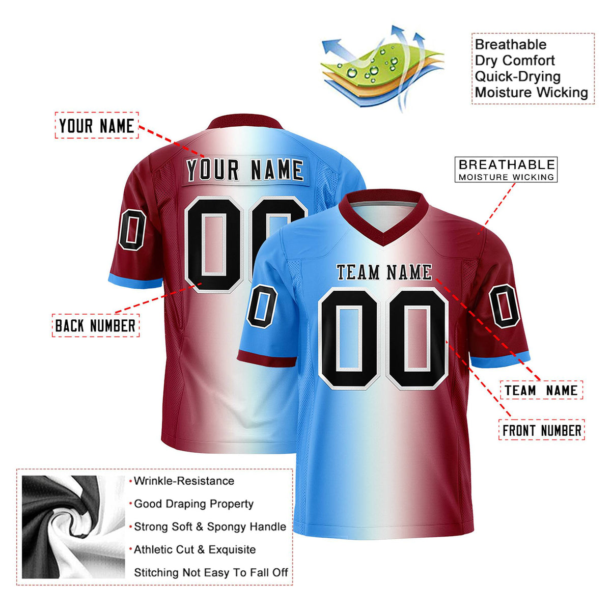 Custom Powder Blue White-Crimson Personalized Gradient Fashion Authentic Football Jersey