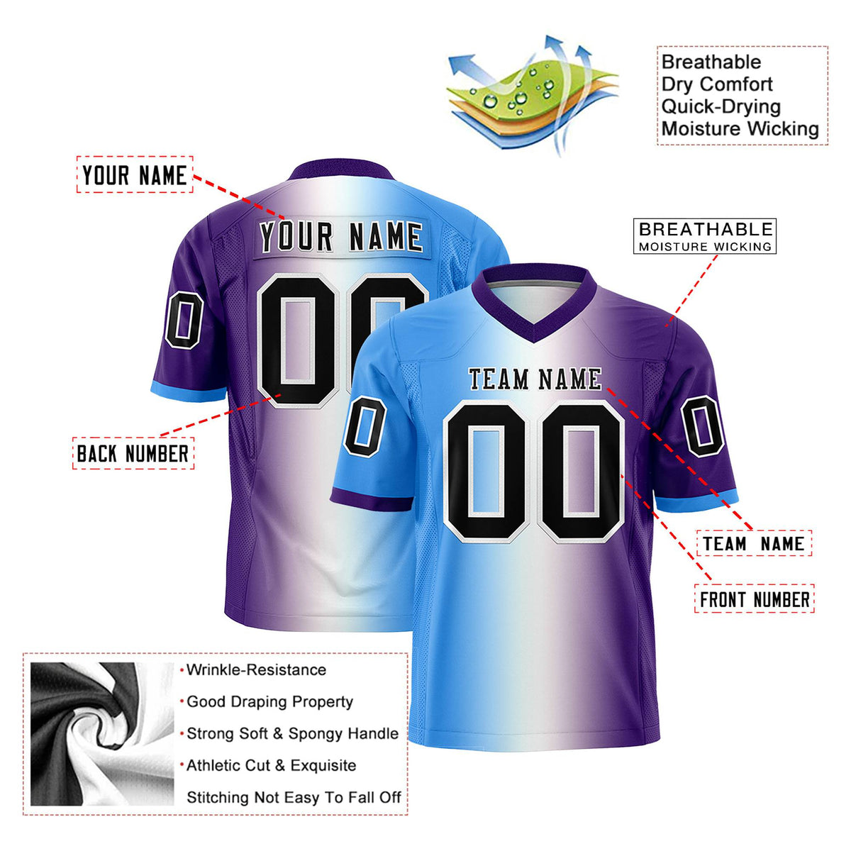 Custom Powder Blue White-Purple Personalized Gradient Fashion Authentic Football Jersey
