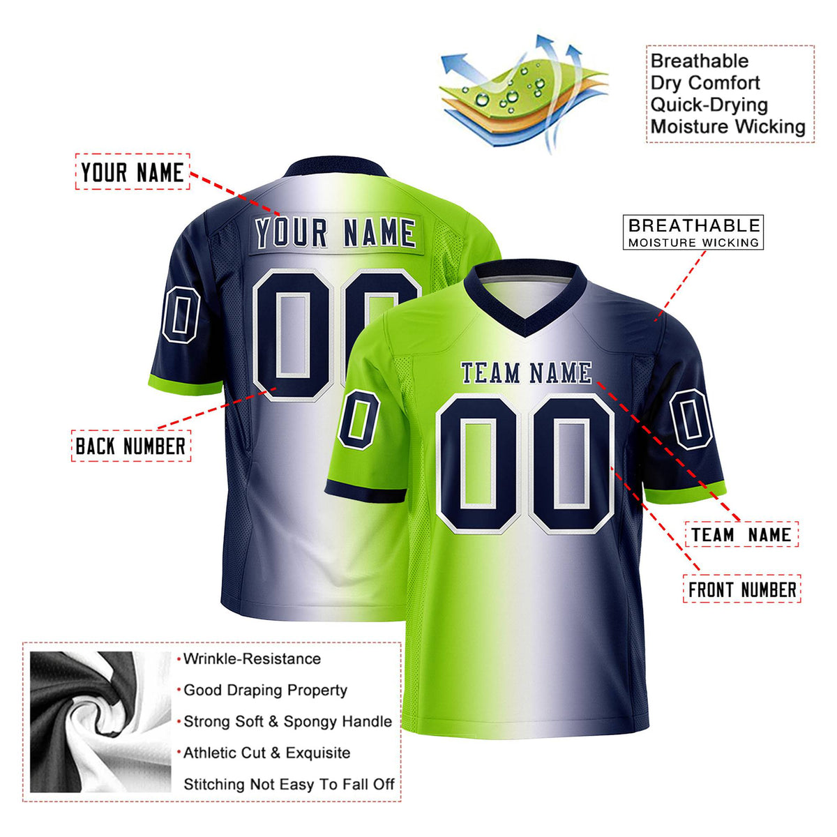 Custom Neon Green White-Navy Personalized Gradient Fashion Authentic Football Jersey