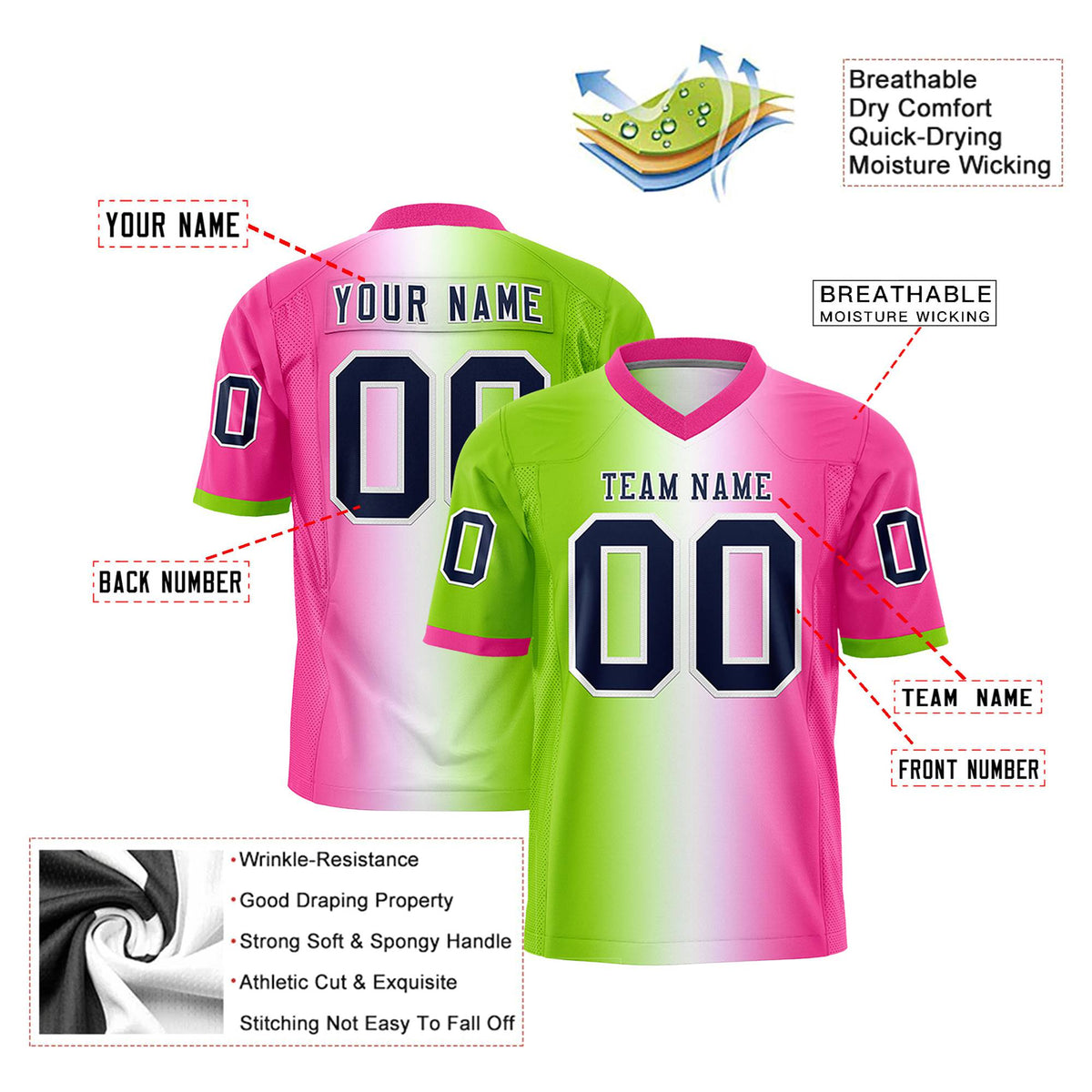 Custom Neon Green White-Pink Personalized Gradient Fashion Authentic Football Jersey