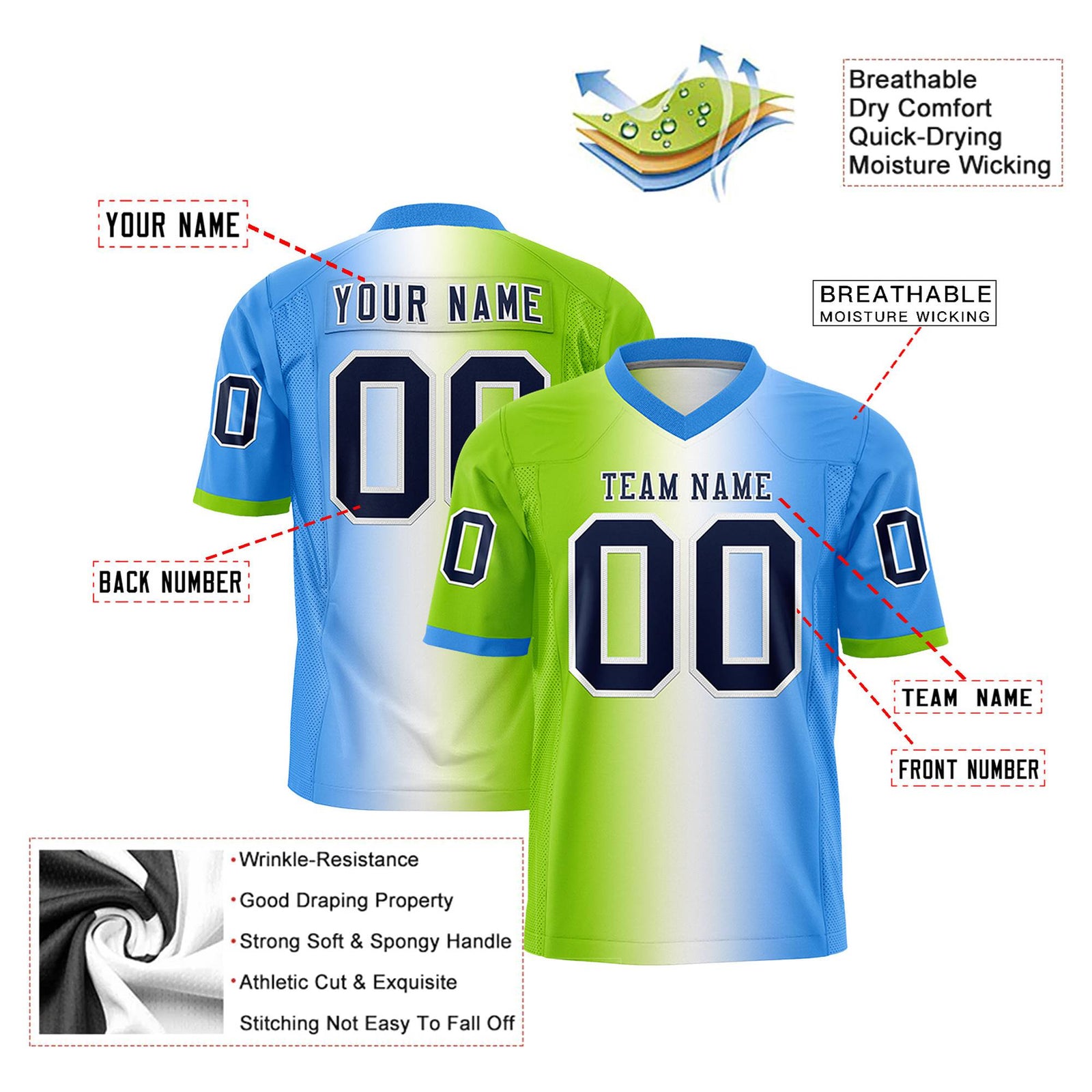 Custom Neon Green White-Powder Blue Personalized Gradient Fashion Authentic Football Jersey