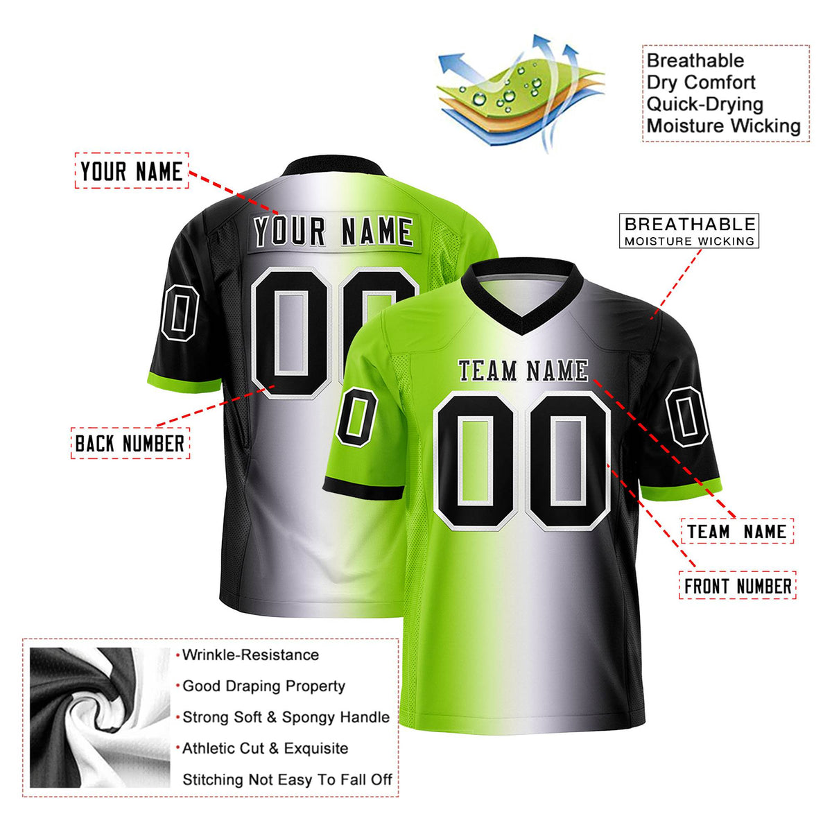 Custom Neon Green White-Black Personalized Gradient Fashion Authentic Football Jersey