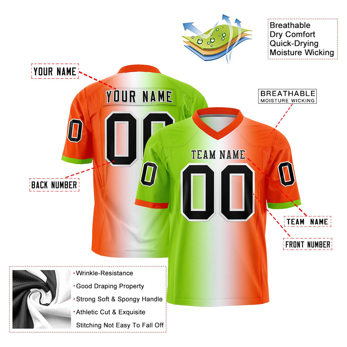 Custom Neon Green White-Orange Personalized Gradient Fashion Authentic Football Jersey