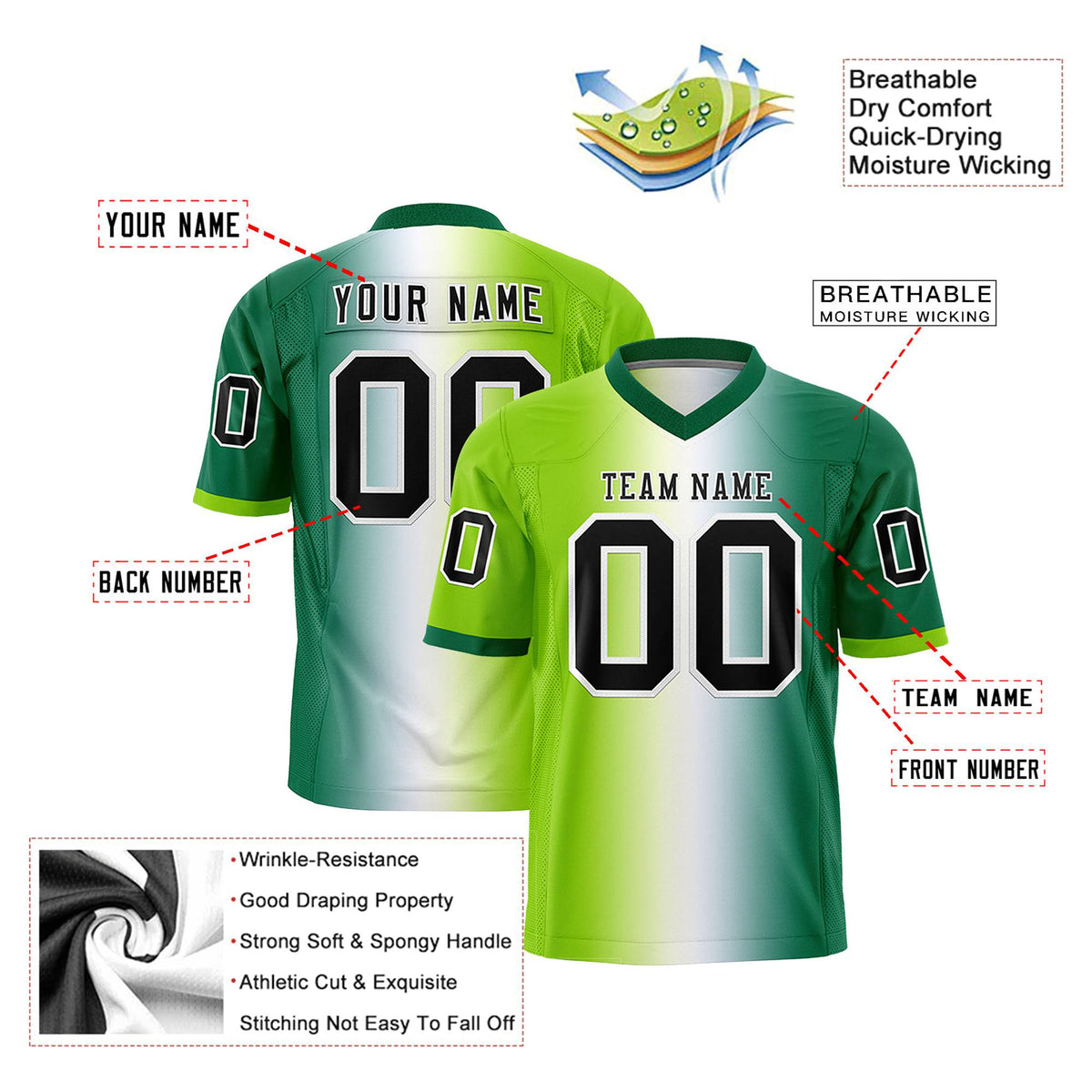 Custom Neon Green White-Grenn Personalized Gradient Fashion Authentic Football Jersey