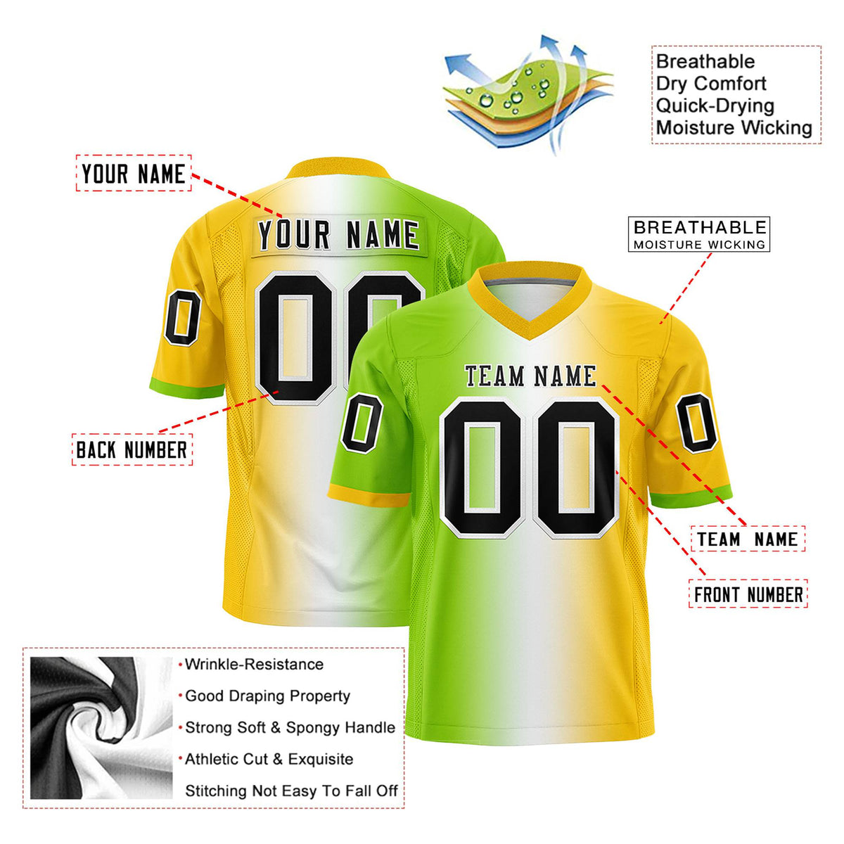 Custom Neon Green White-Gold Personalized Gradient Fashion Authentic Football Jersey