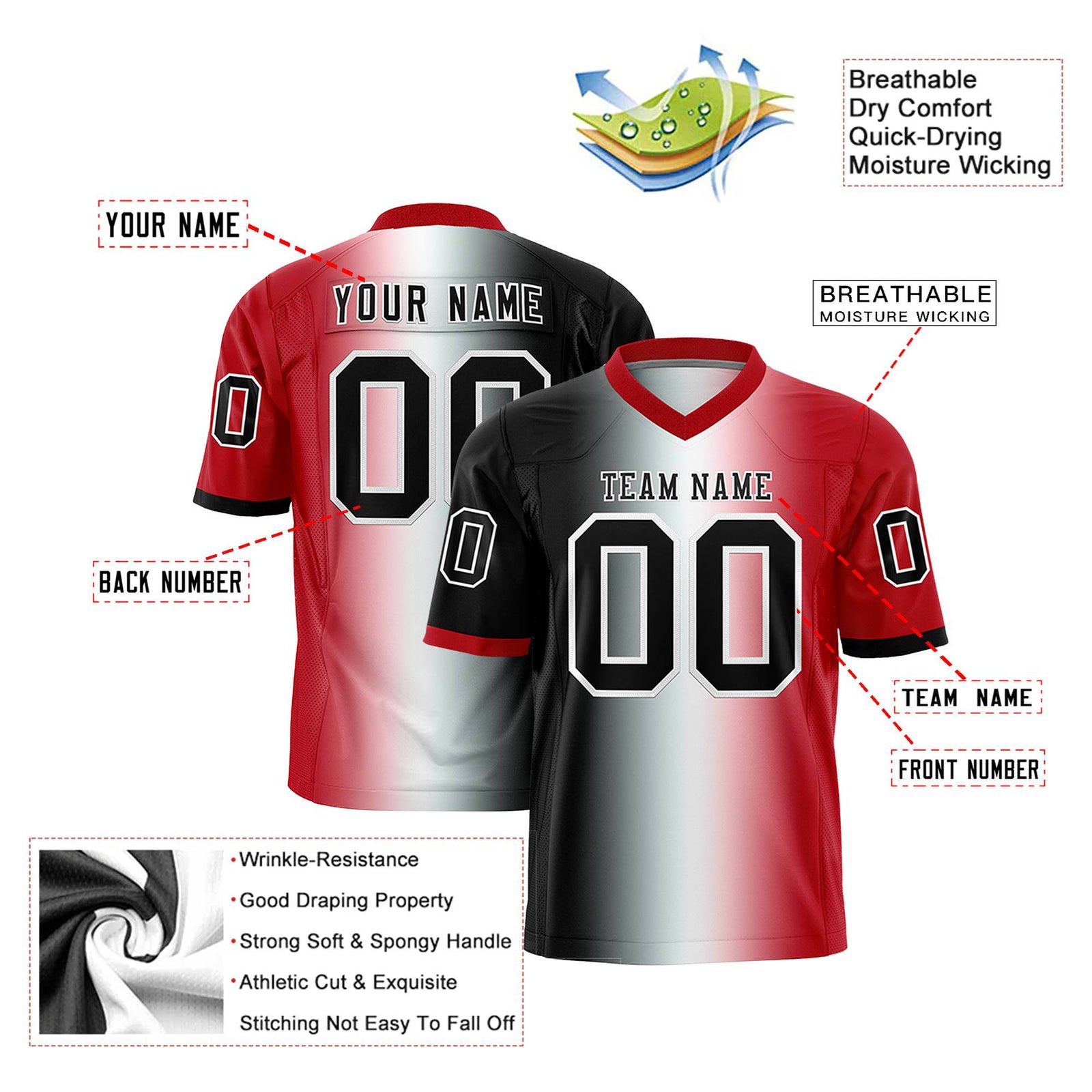 Custom Black White-Red Personalized Gradient Fashion Authentic Football Jersey