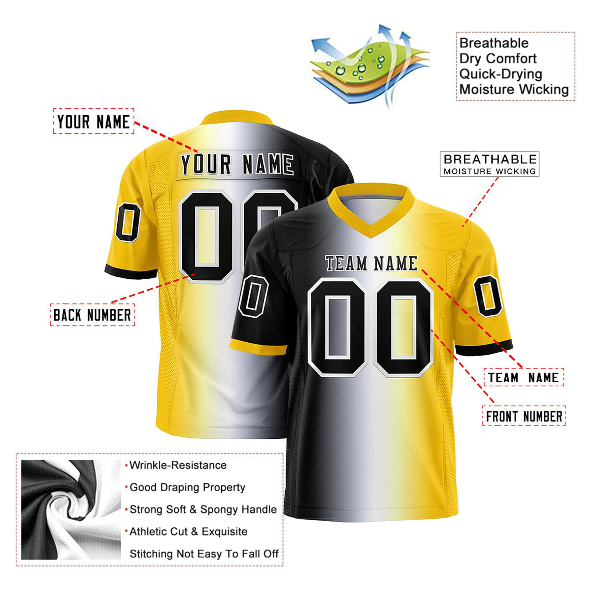 Custom Black White-Gold Personalized Gradient Fashion Authentic Football Jersey