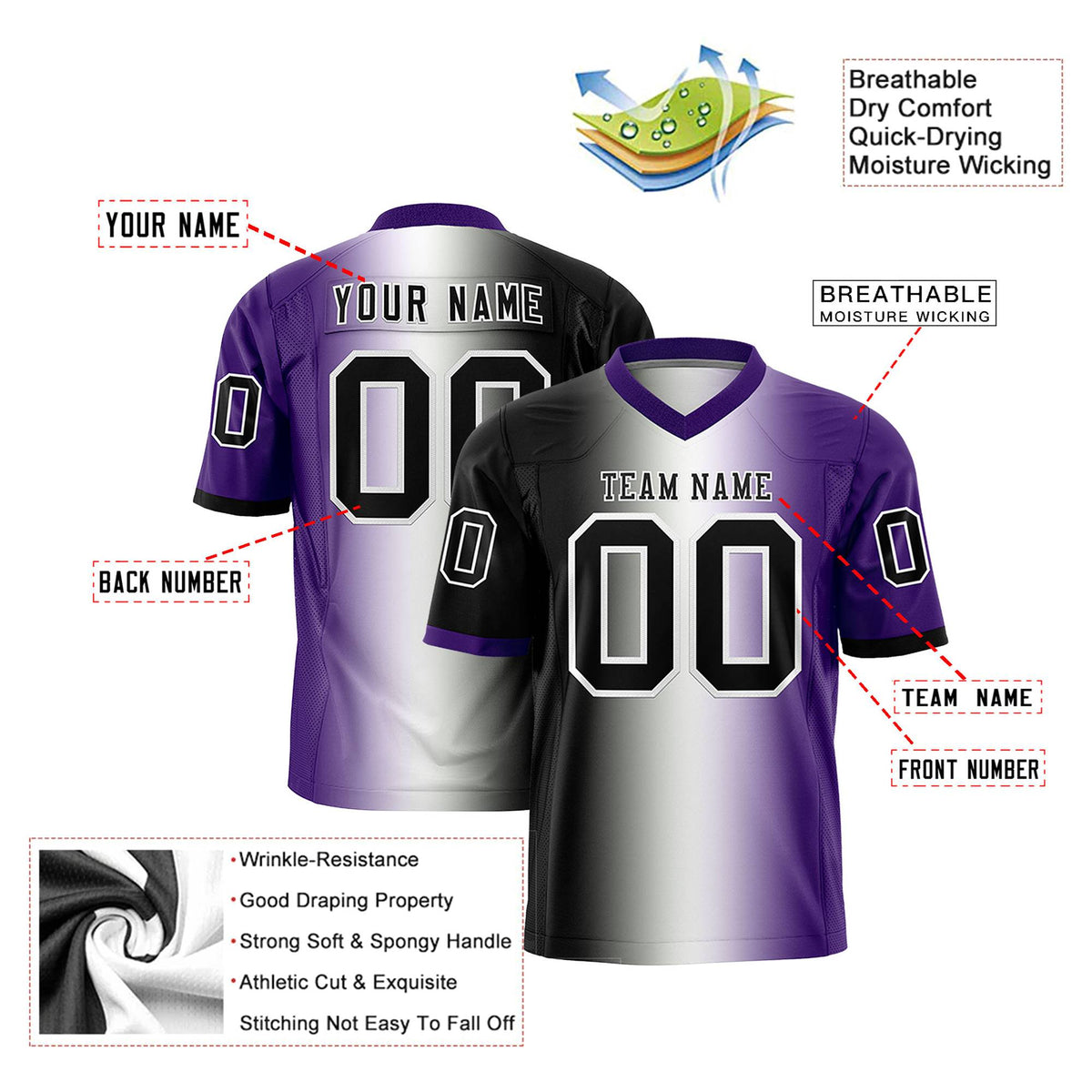 Custom Black White-Purple Personalized Gradient Fashion Authentic Football Jersey