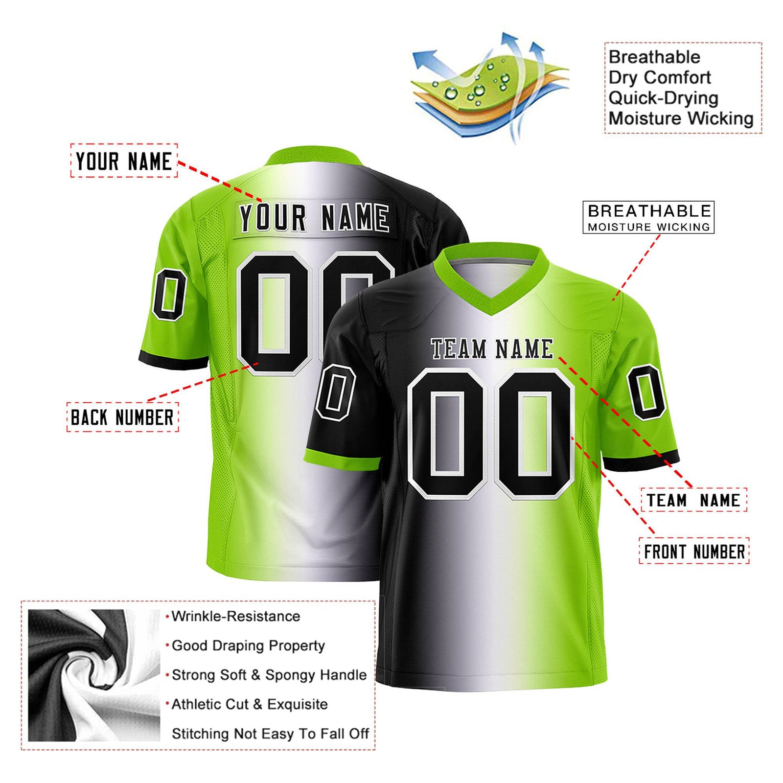 Custom Black White-Neon Green Personalized Gradient Fashion Authentic Football Jersey