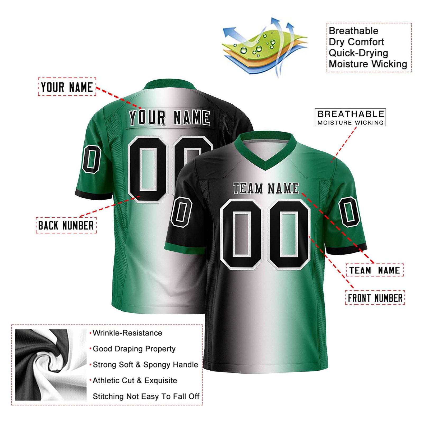 Custom Black White-Kelly Green Personalized Gradient Fashion Authentic Football Jersey