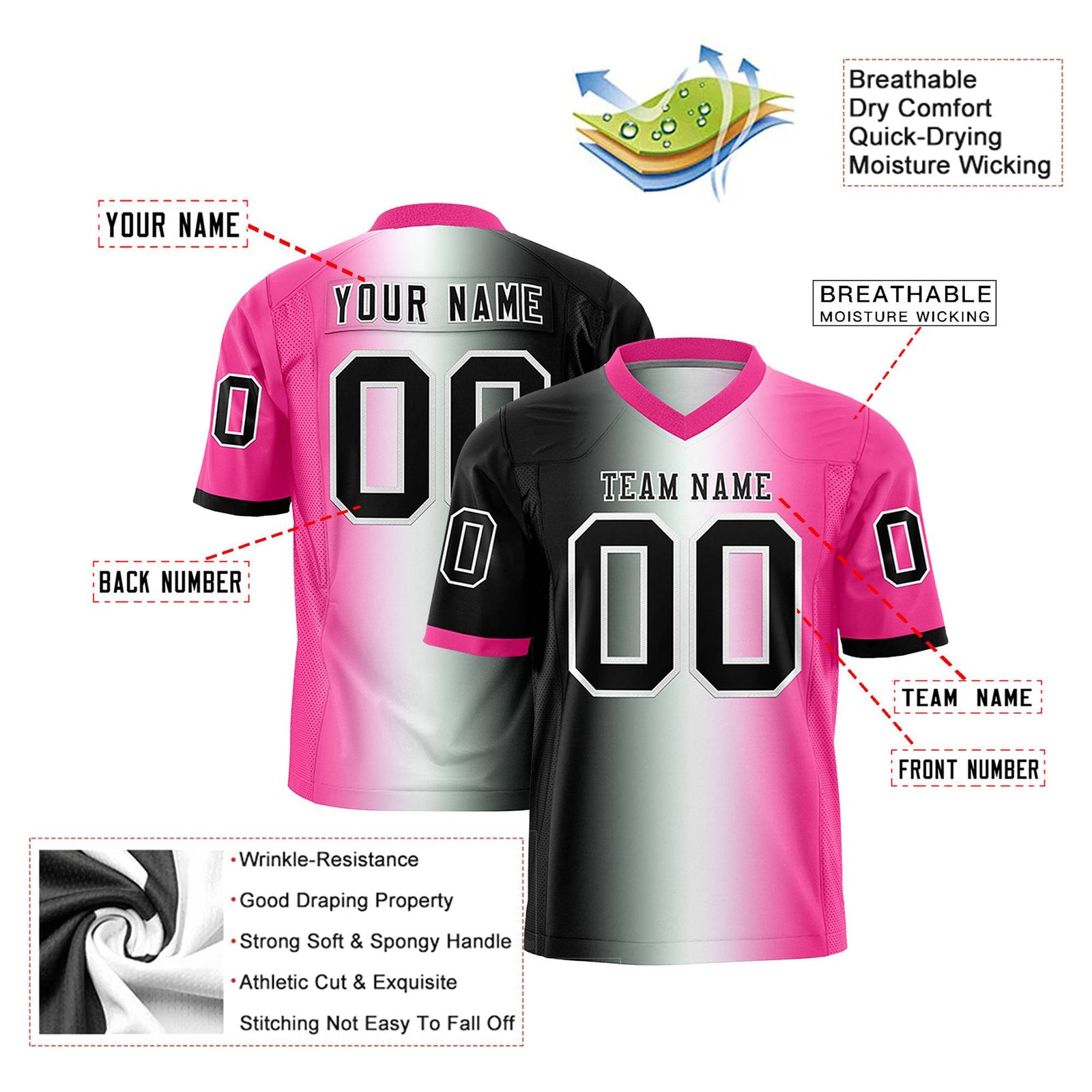 Custom Black White-Pink Personalized Gradient Fashion Authentic Football Jersey