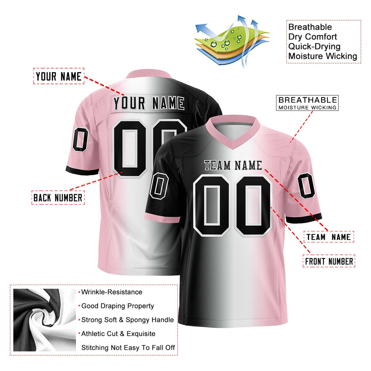 Custom Black White-Light Pink Personalized Gradient Fashion Authentic Football Jersey