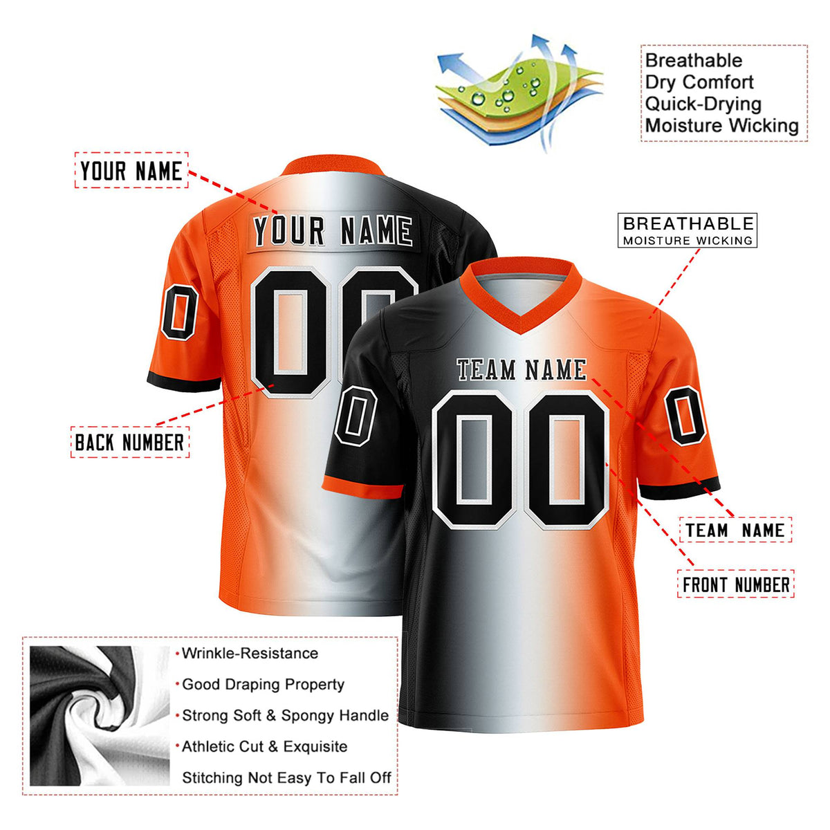 Custom Black White-Orange Personalized Gradient Fashion Authentic Football Jersey
