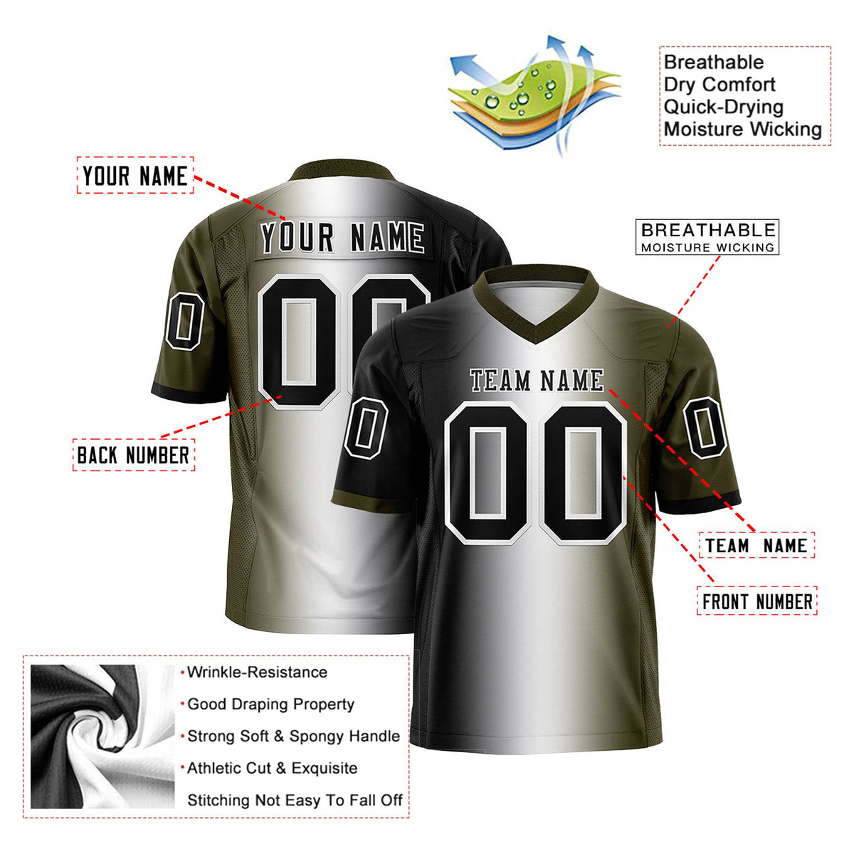 Custom Black White-Olive Personalized Gradient Fashion Authentic Football Jersey