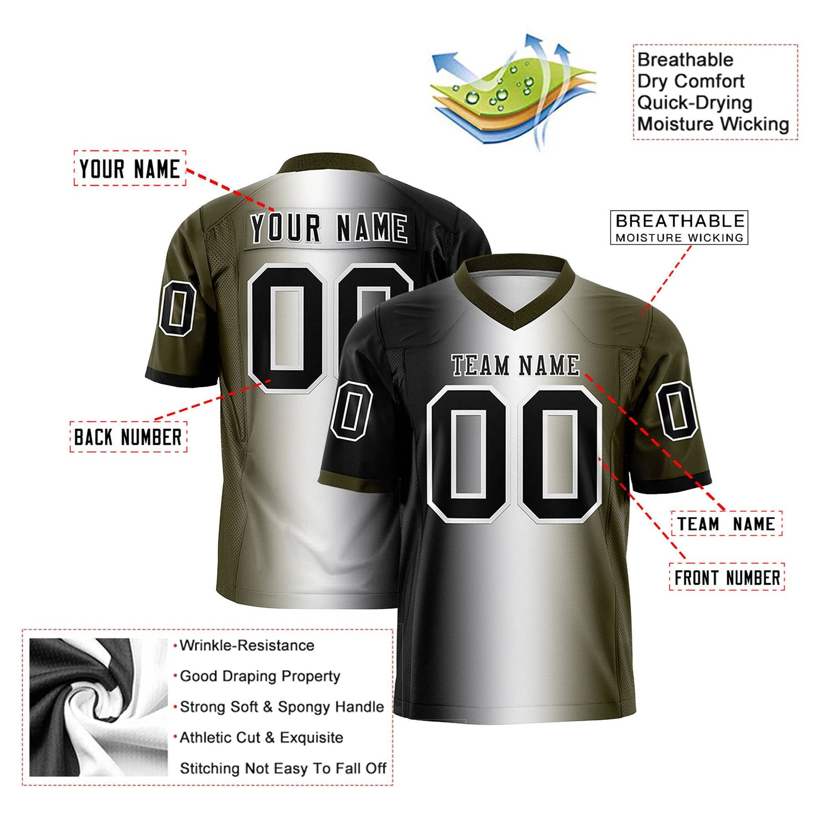 Custom Black White-Olive Personalized Gradient Fashion Authentic Football Jersey