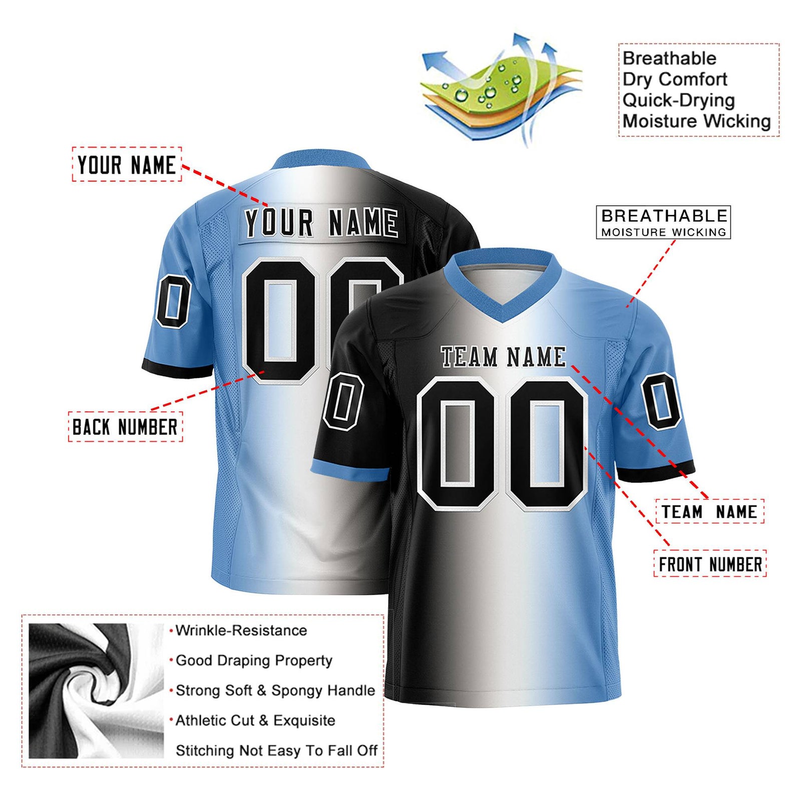 Custom Black White-Powder Blue Personalized Gradient Fashion Authentic Football Jersey