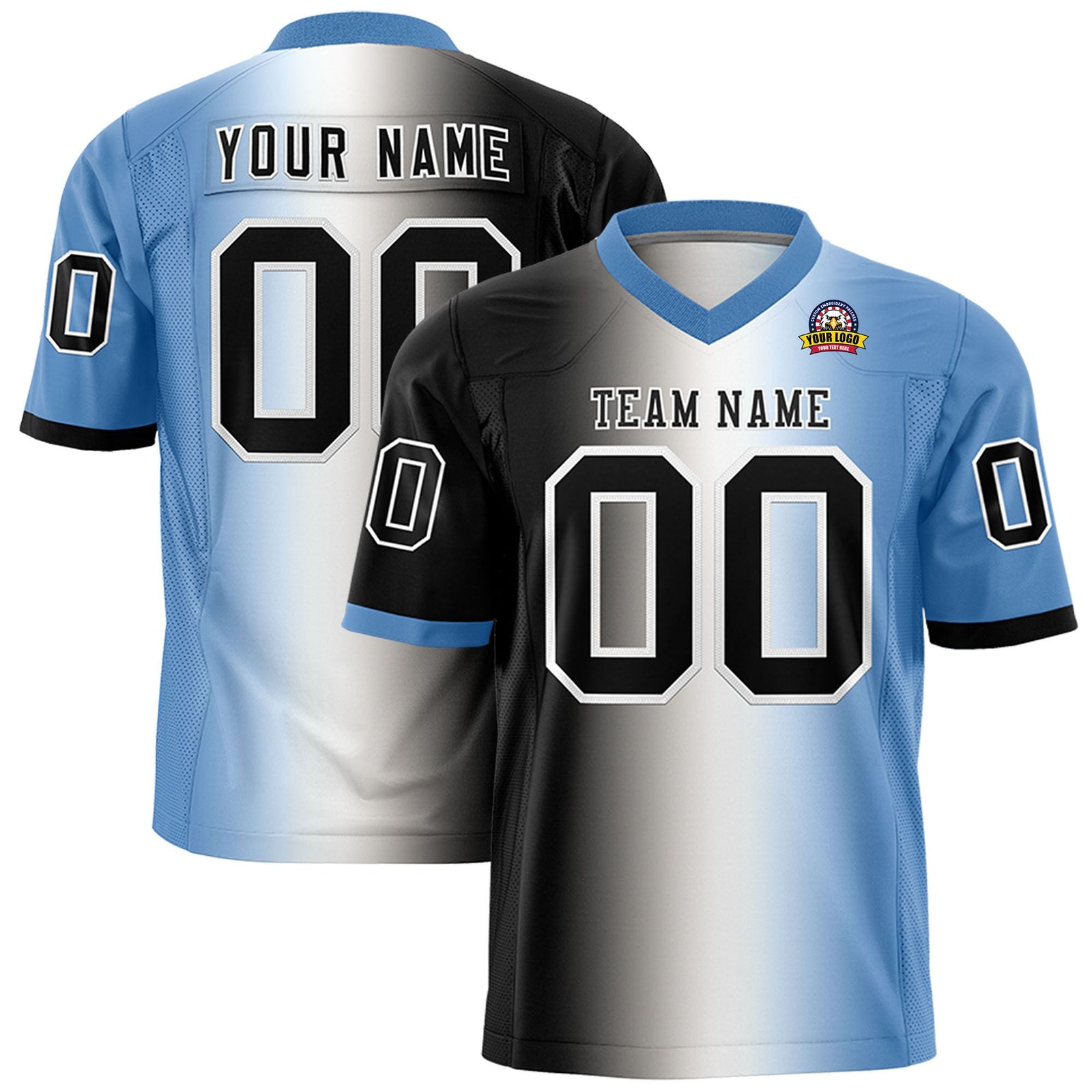 Custom Black White-Powder Blue Personalized Gradient Fashion Authentic Football Jersey