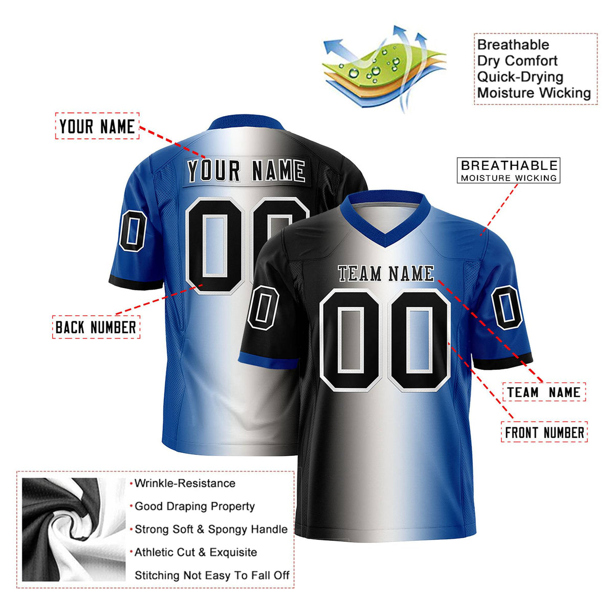 Custom Black White-Royal Blue Personalized Gradient Fashion Authentic Football Jersey