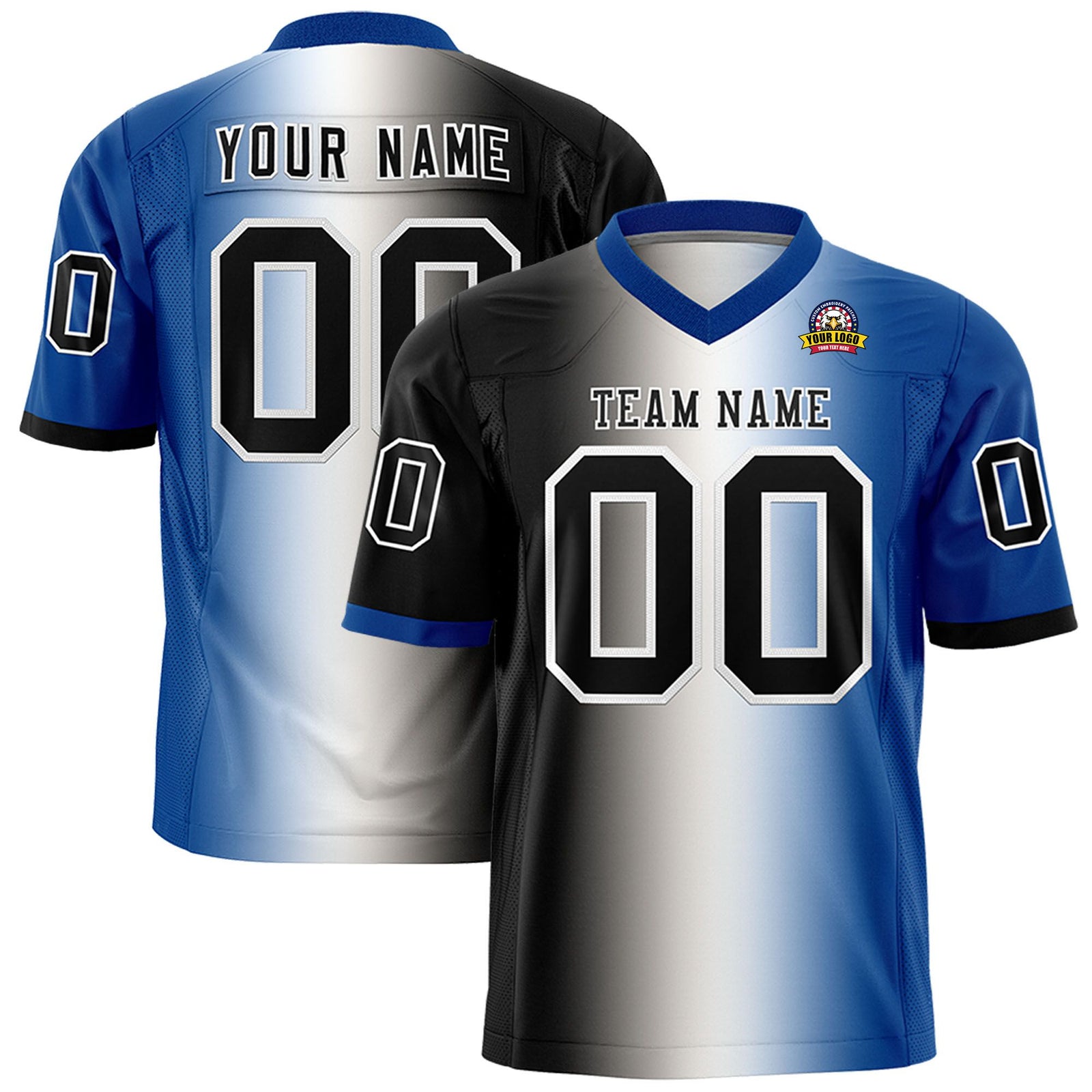 Custom Black White-Royal Blue Personalized Gradient Fashion Authentic Football Jersey