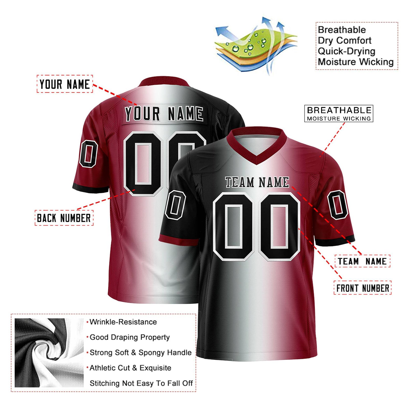 Custom Black White-Crimson Personalized Gradient Fashion Authentic Football Jersey
