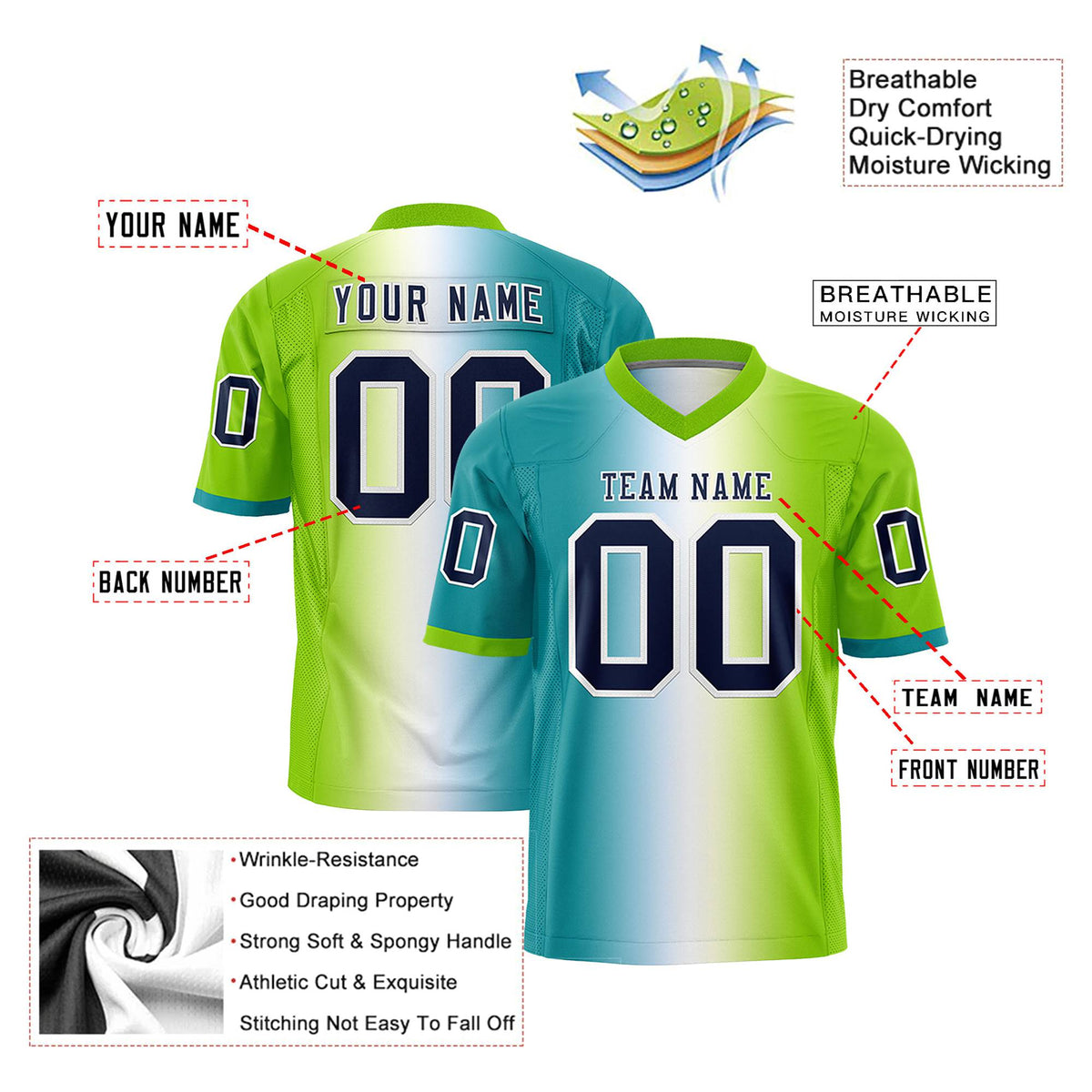 Custom Aqua White-Neon Green Personalized Gradient Fashion Authentic Football Jersey