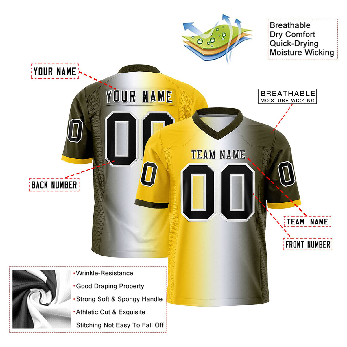 Custom Gold White-Olive Personalized Gradient Fashion Authentic Football Jersey