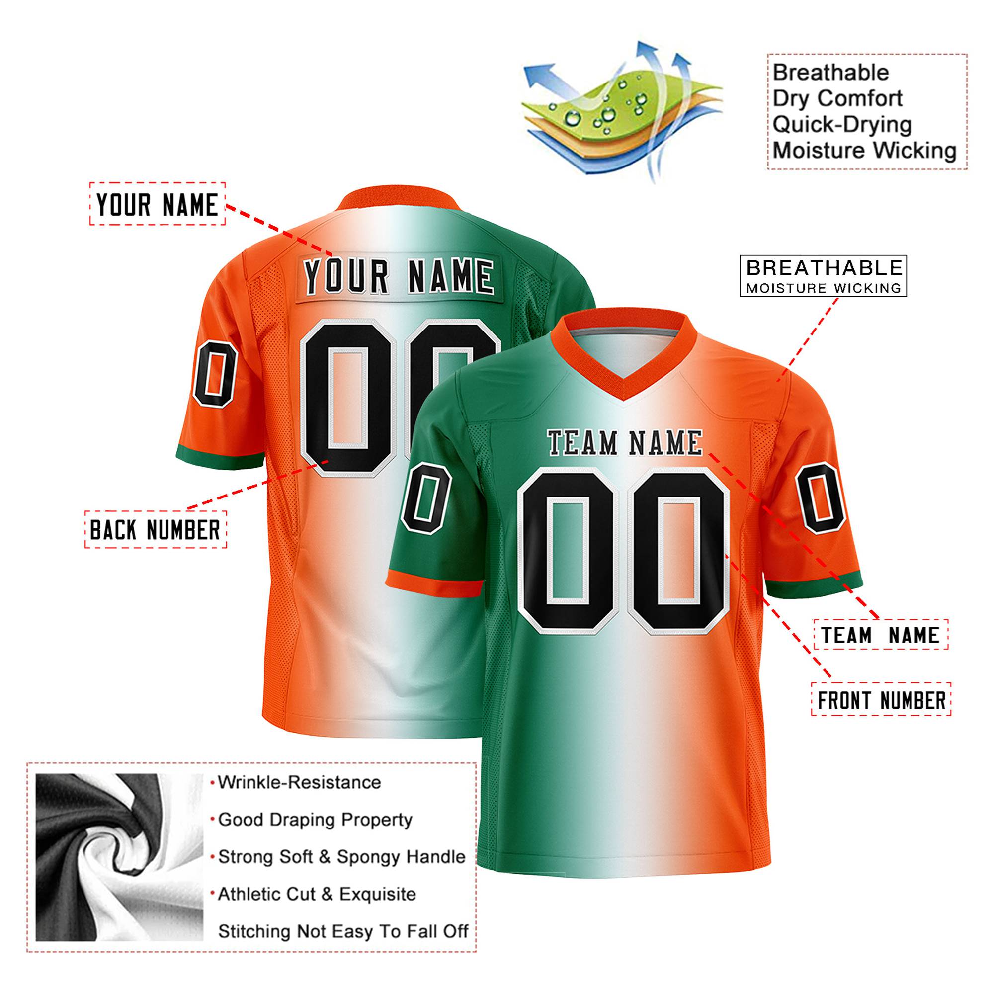 Custom Green White-Orange Personalized Gradient Fashion Authentic Football Jersey