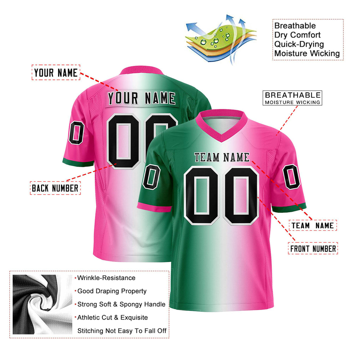 Custom Green White-Pink Personalized Gradient Fashion Authentic Football Jersey