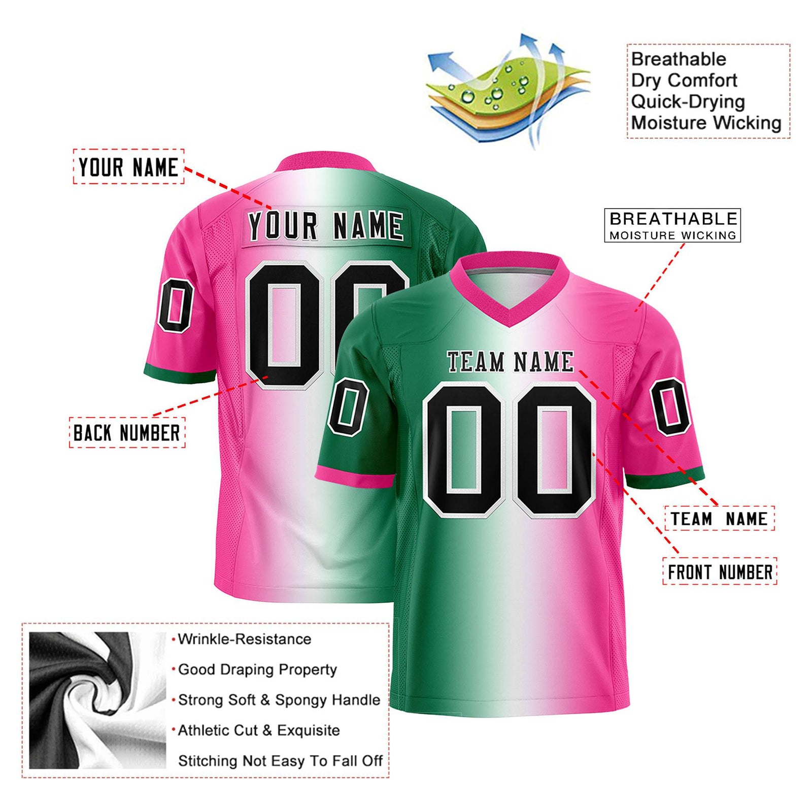 Custom Green White-Pink Personalized Gradient Fashion Authentic Football Jersey