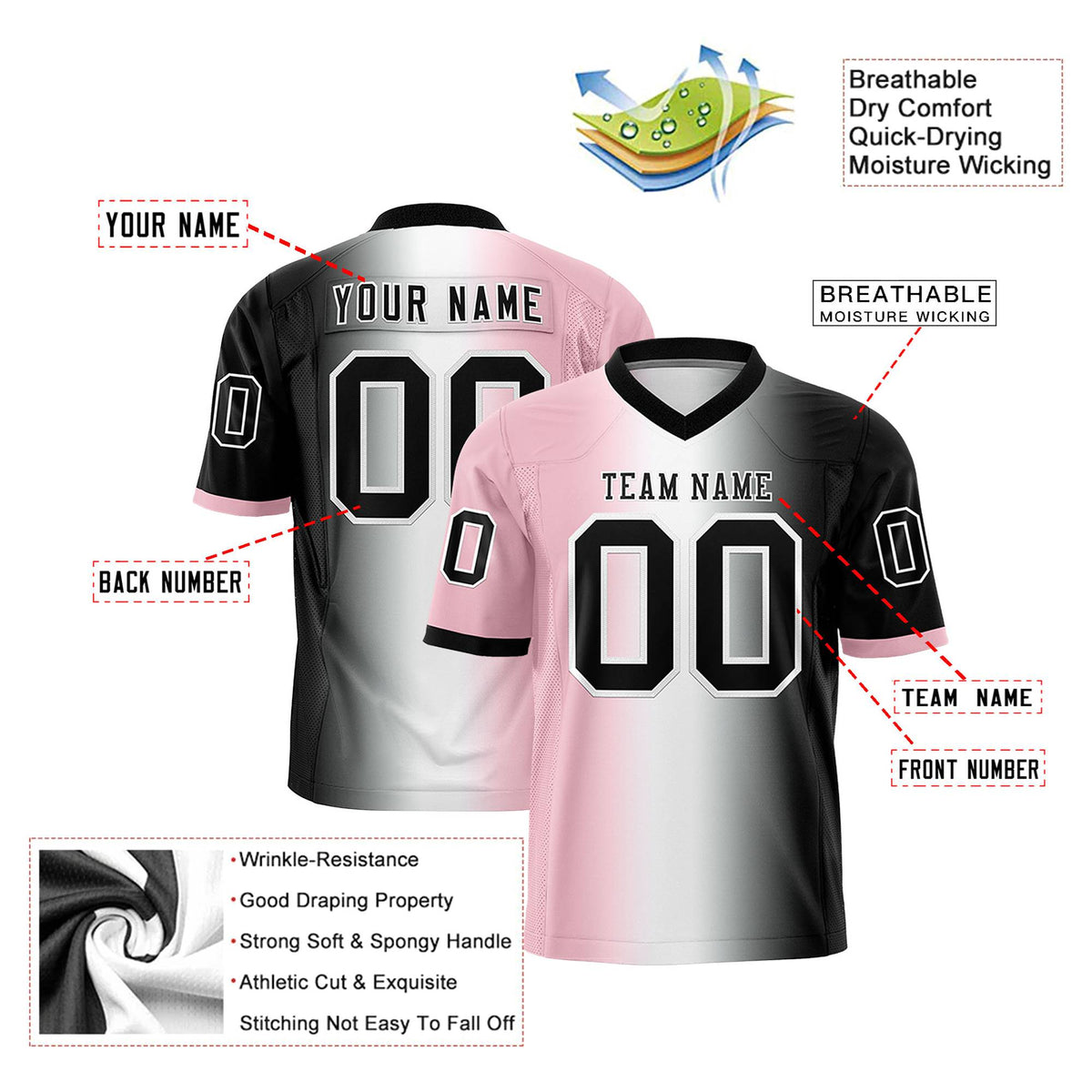 Custom Light Pink White-Black Personalized Gradient Fashion Authentic Football Jersey