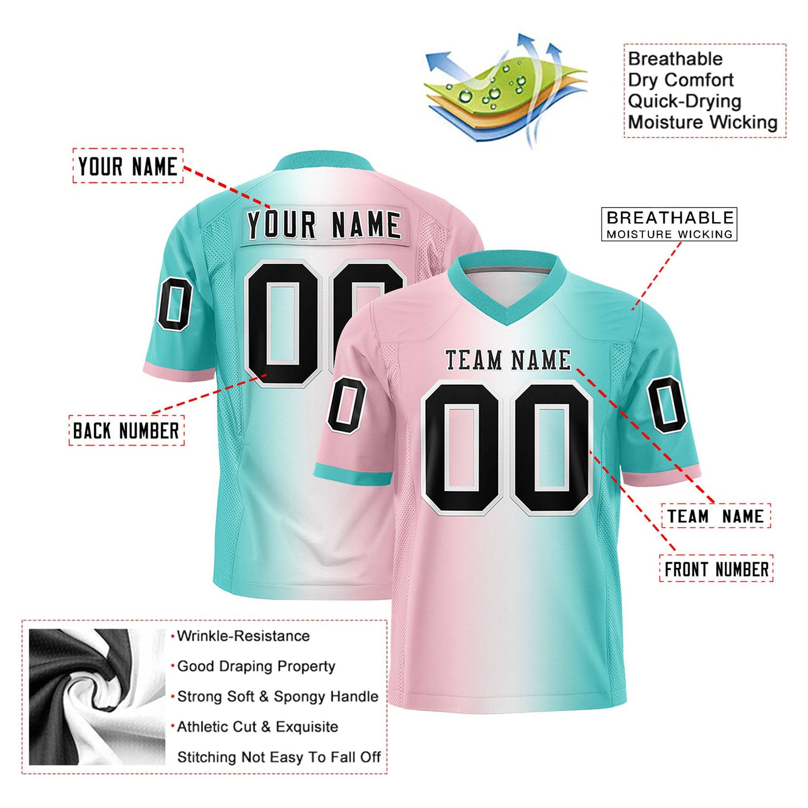 Custom Light Pink White-Aqua Personalized Gradient Fashion Authentic Football Jersey