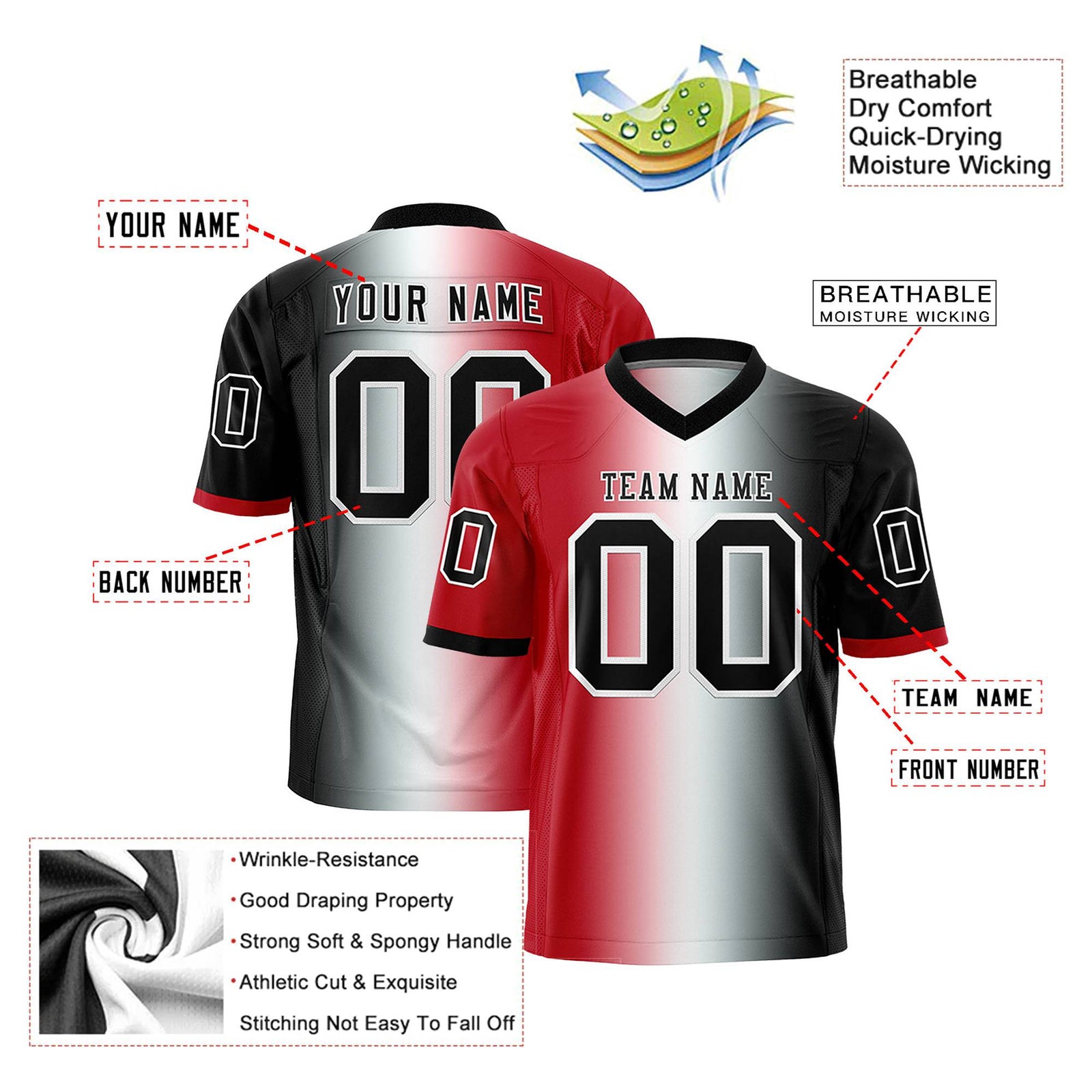 Custom Red White-Black Personalized Gradient Fashion Authentic Football Jersey