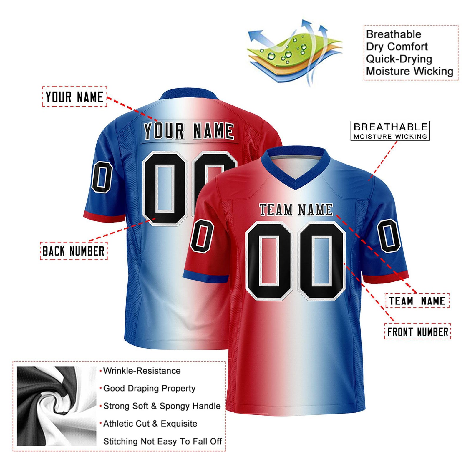 Custom Red White-Royal Blue Personalized Gradient Fashion Authentic Football Jersey